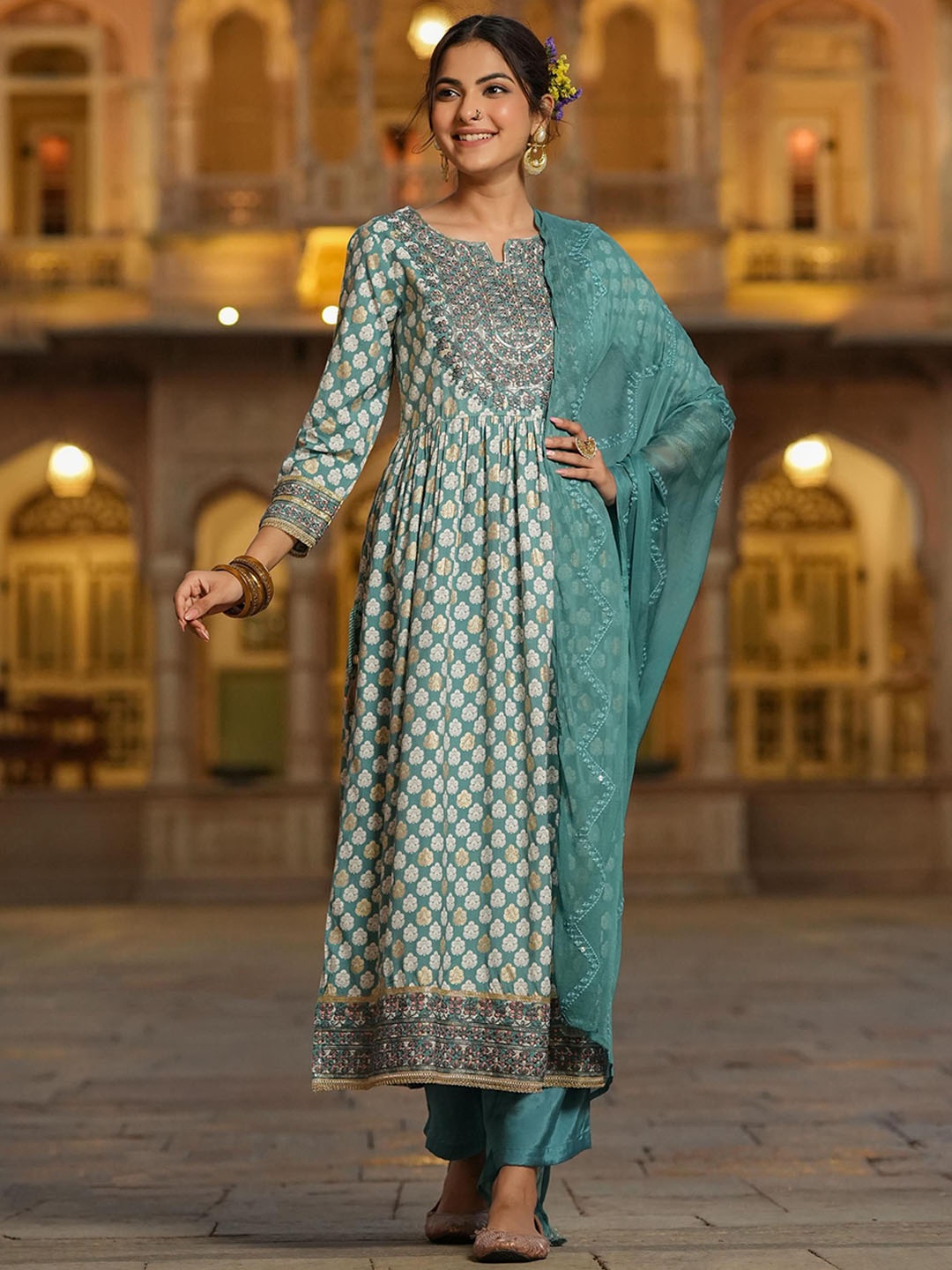 

SCAKHI Printed Notched Neck Thread Work Anarkali Kurta With Palazzos & Dupatta, Teal