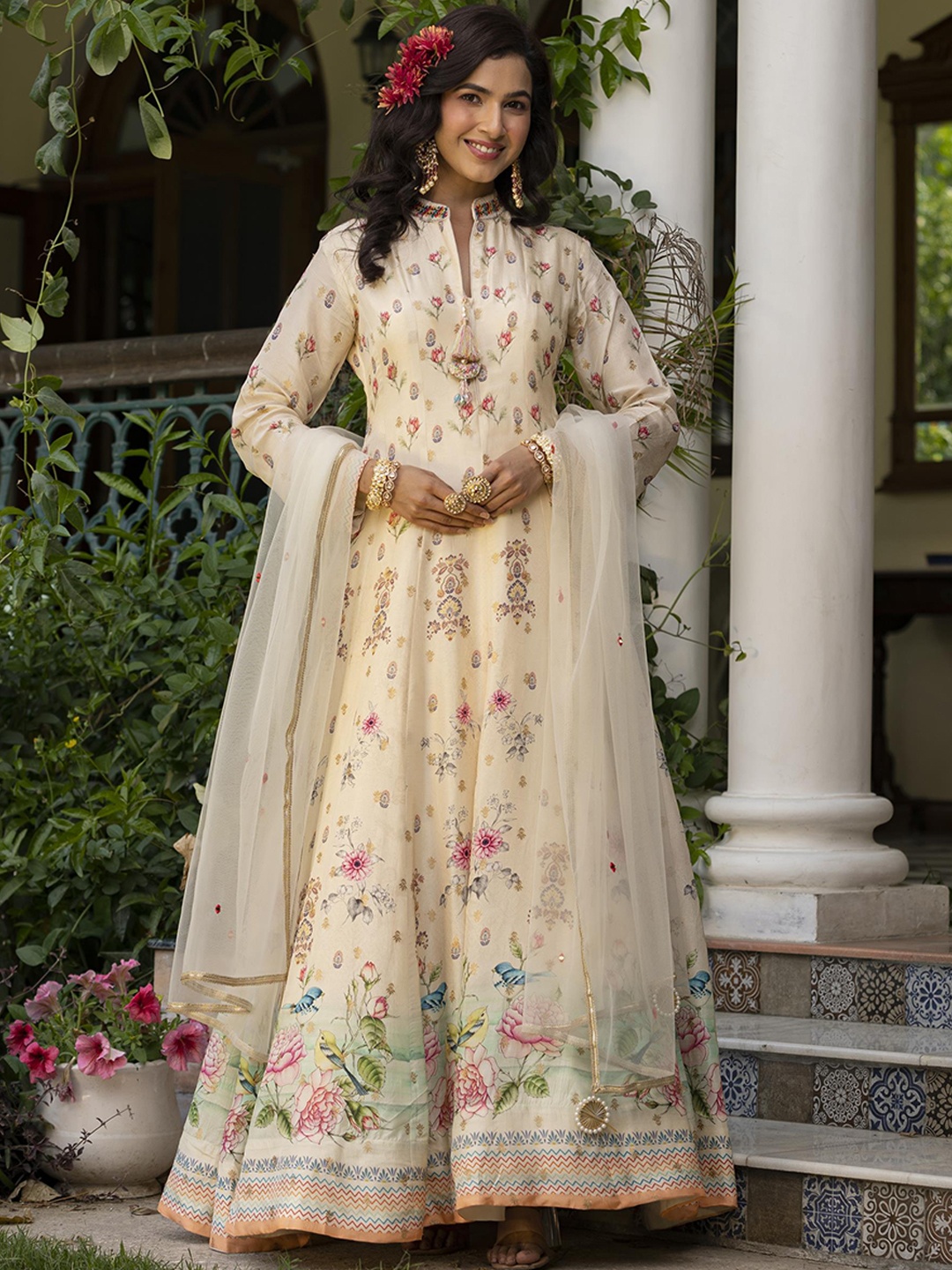 

SCAKHI Dola Silk Floral Printed Anarkali Gown With Net Embroidered Dupatta, Off white