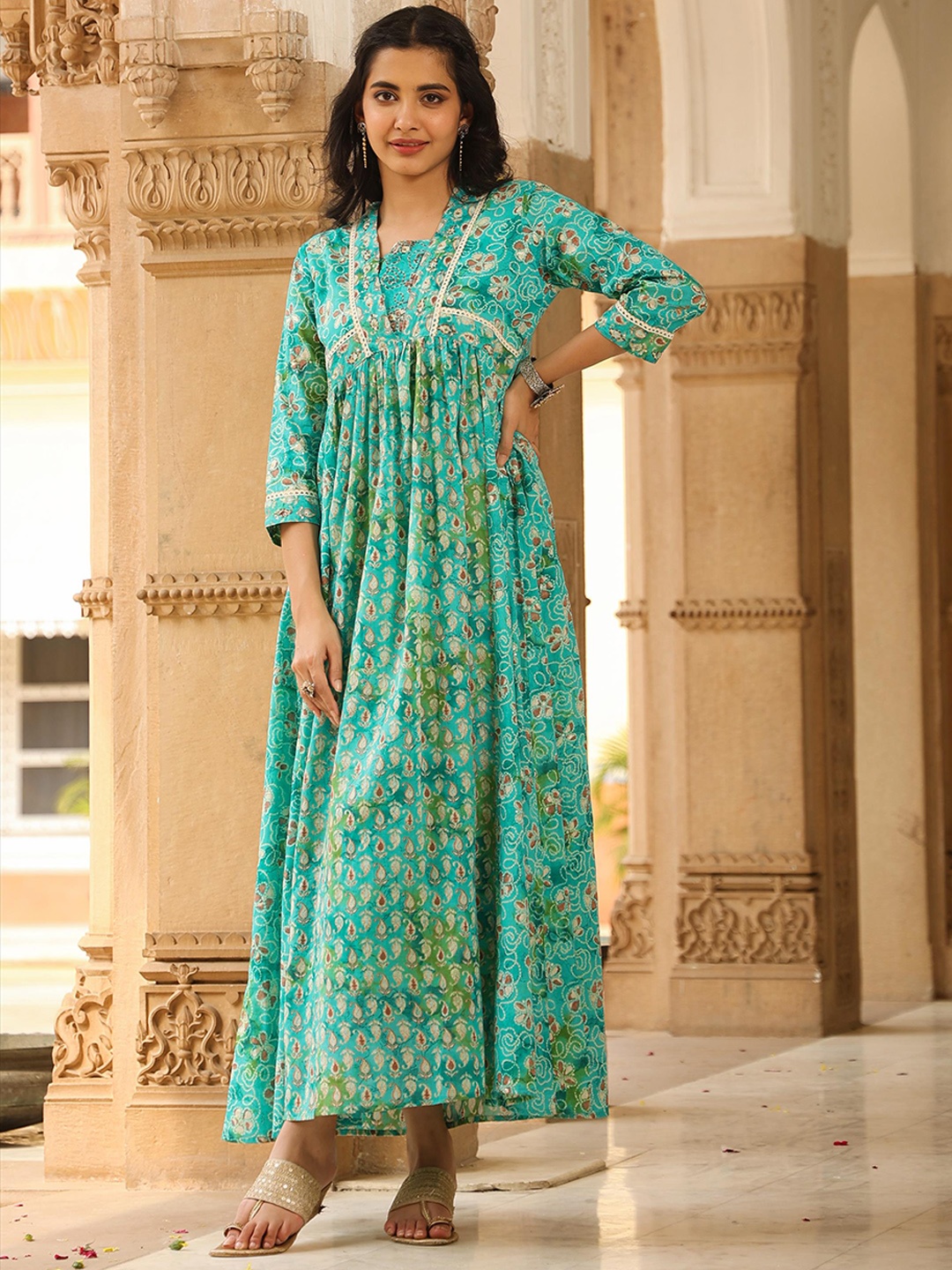 

SCAKHI Printed Panelled Cotton Ethnic Maxi Dress, Blue