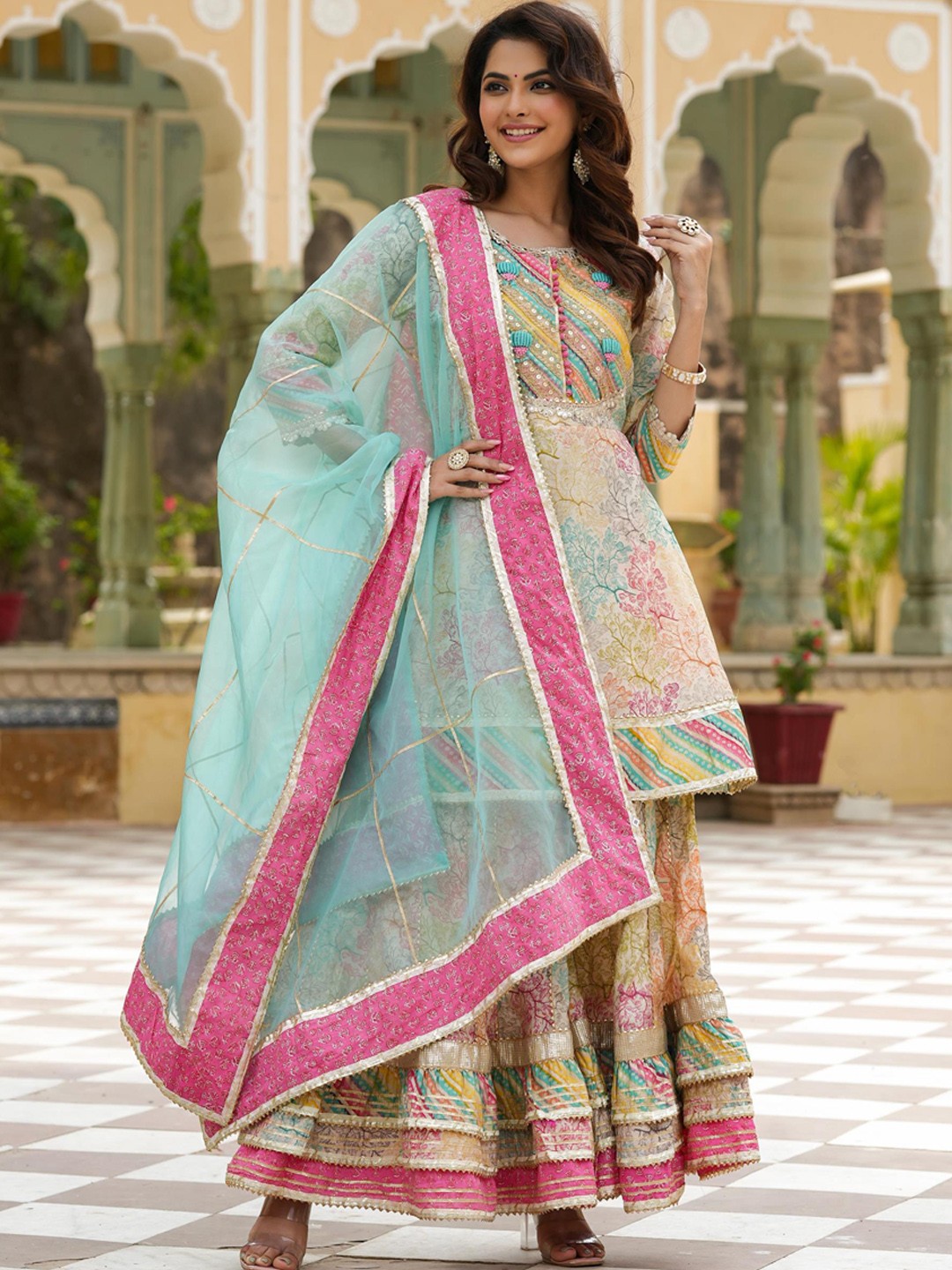 

SCAKHI Floral Printed Thread Work Gotta Patti A-Line Kurti with Sharara & Dupatta, Mustard