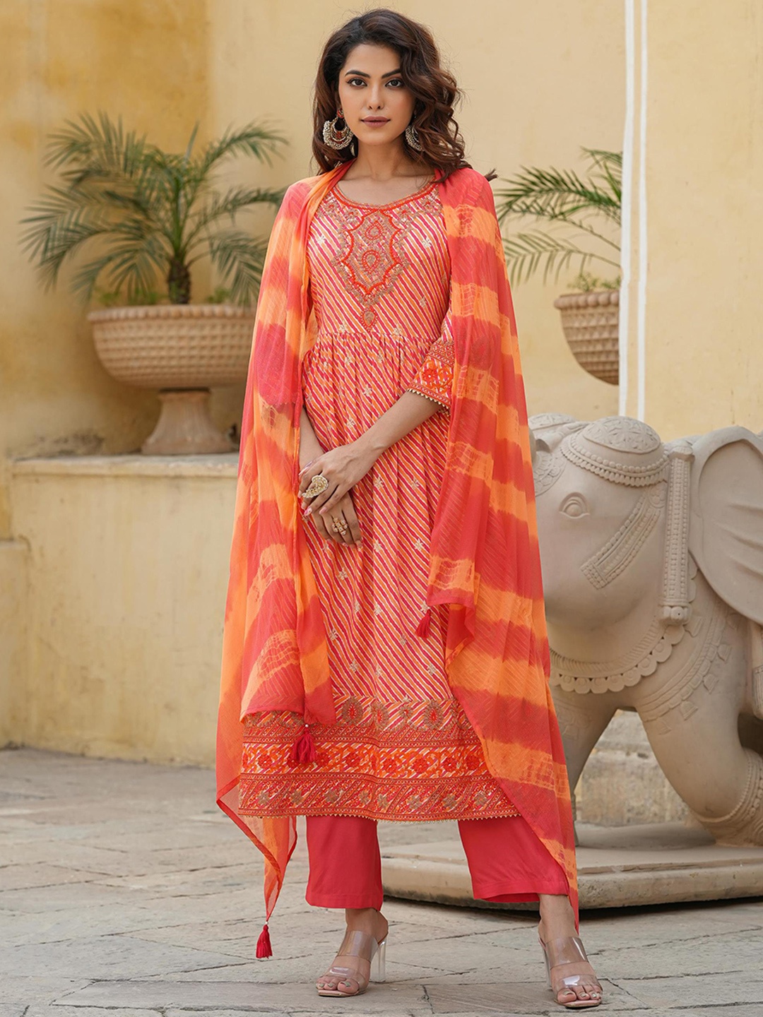 

SCAKHI Leheriya Printed Thread Work Anarkali Kurta with Trousers & Dupatta, Orange