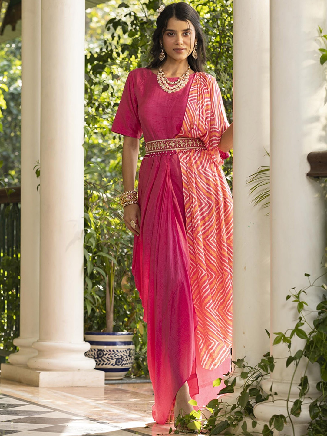 

SCAKHI Leheriya Printed Drape Asymmetric Maxi Dress With Belt, Pink