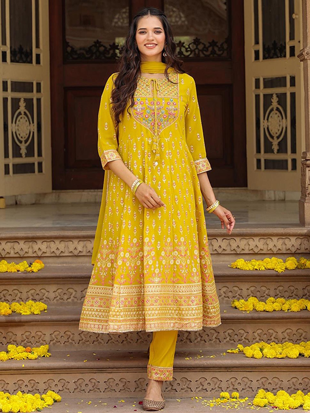 

SCAKHI Floral Yoke Design Tie Up Neck Beads & Stones Kurta With Trousers & Dupatta, Mustard