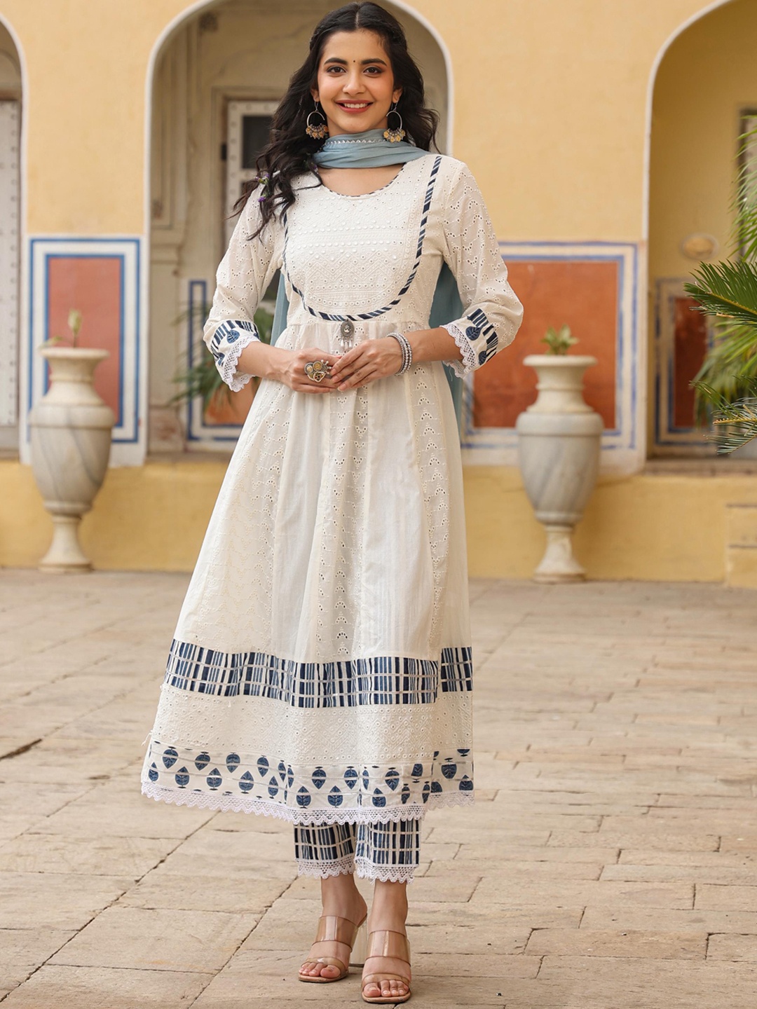 

SCAKHI Schiffli Yoke Design Mirror Work Pure Cotton Kurta with Trousers & Dupatta, Off white