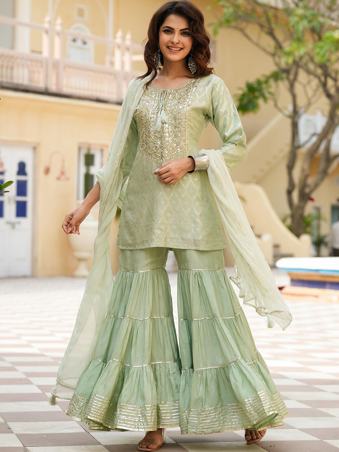 

SCAKHI Ethnic Motifs Woven Design Sequinned Kurti With Sharara & Dupatta, Green