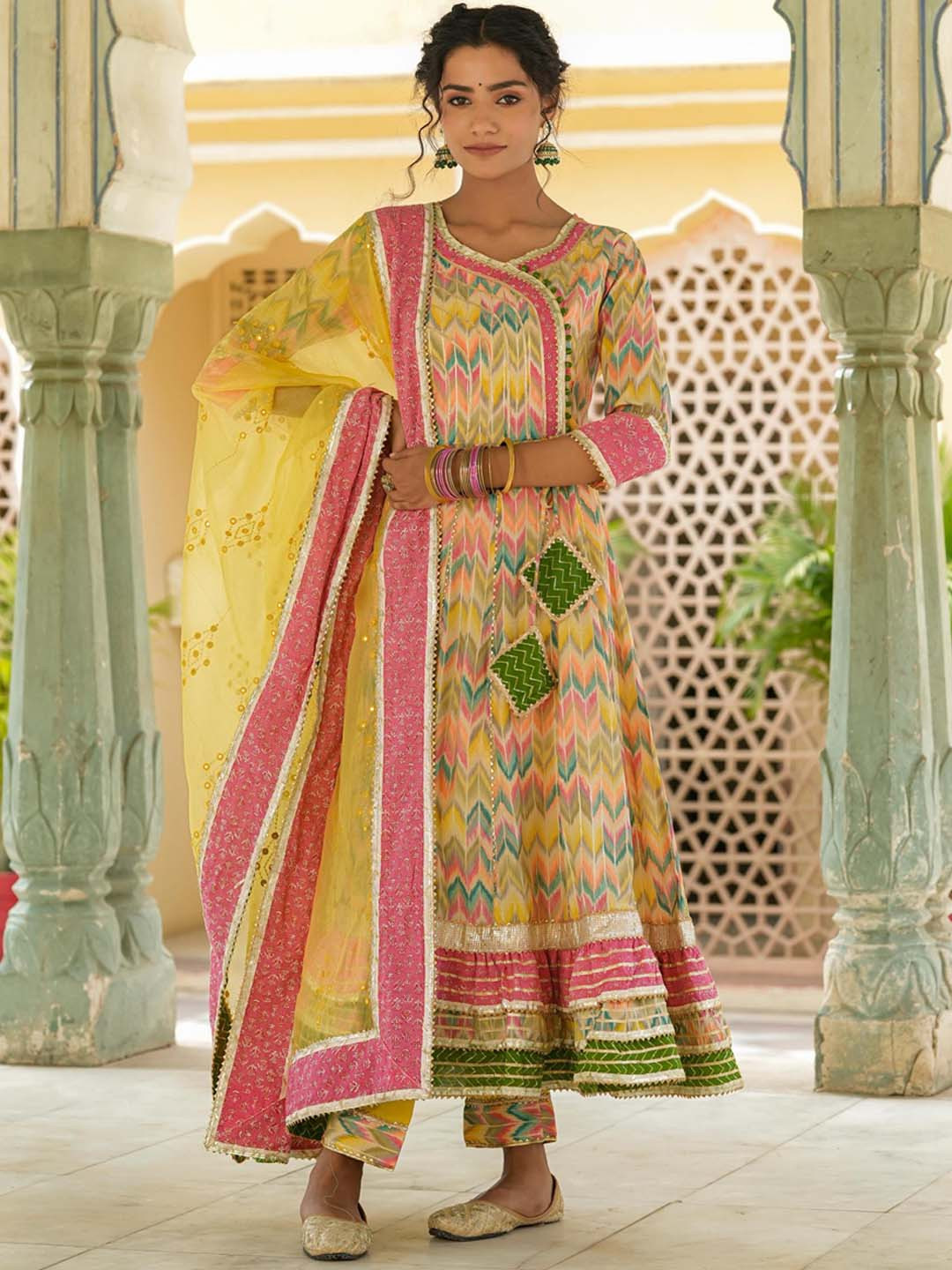 

SCAKHI Chevron Printed Angrakha Gotta Patti Kurta with Trousers & Dupatta, Mustard