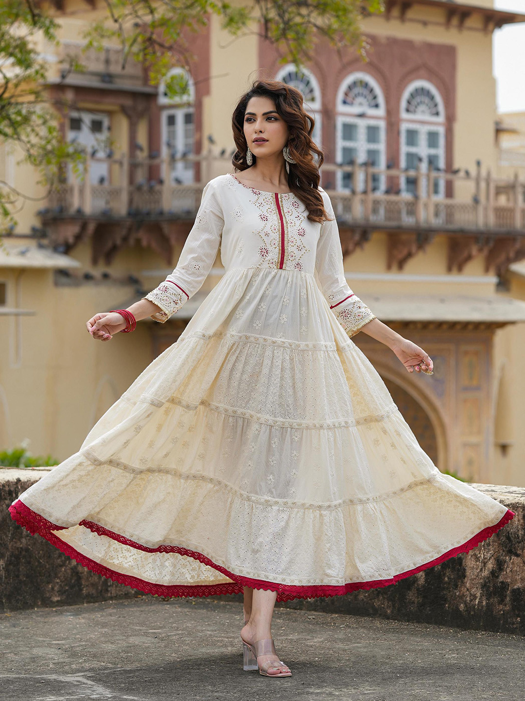 

SCAKHI Ethnic Motifs Schiffli Self Design Tiered Cotton Fit & Flare Ethnic Dress, Off white