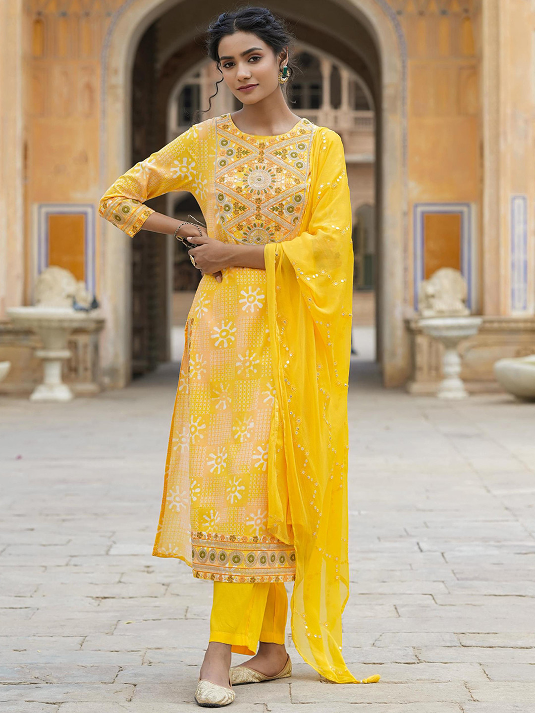 

SCAKHI Ethnic Motifs Printed Thread Work Kurta with Trousers & Dupatta, Yellow