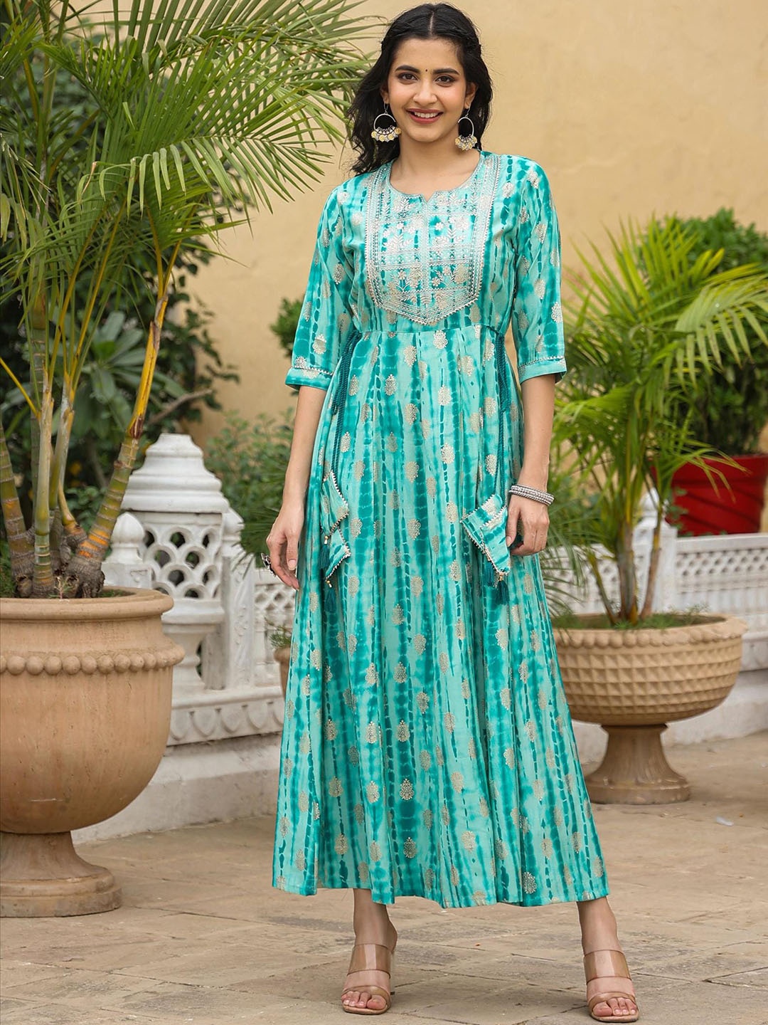 

SCAKHI Shibori Dyed Sequined Thread Work A-Line Ethnic Dress, Blue