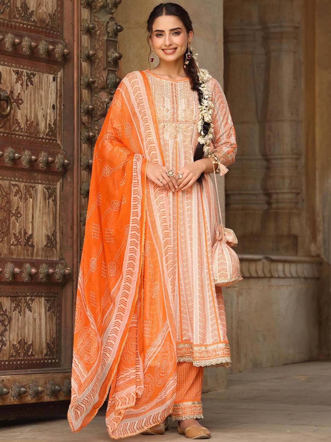 

SCAKHI Printed Sequinned Anarkali Kurta With Trousers & Dupatta, Orange