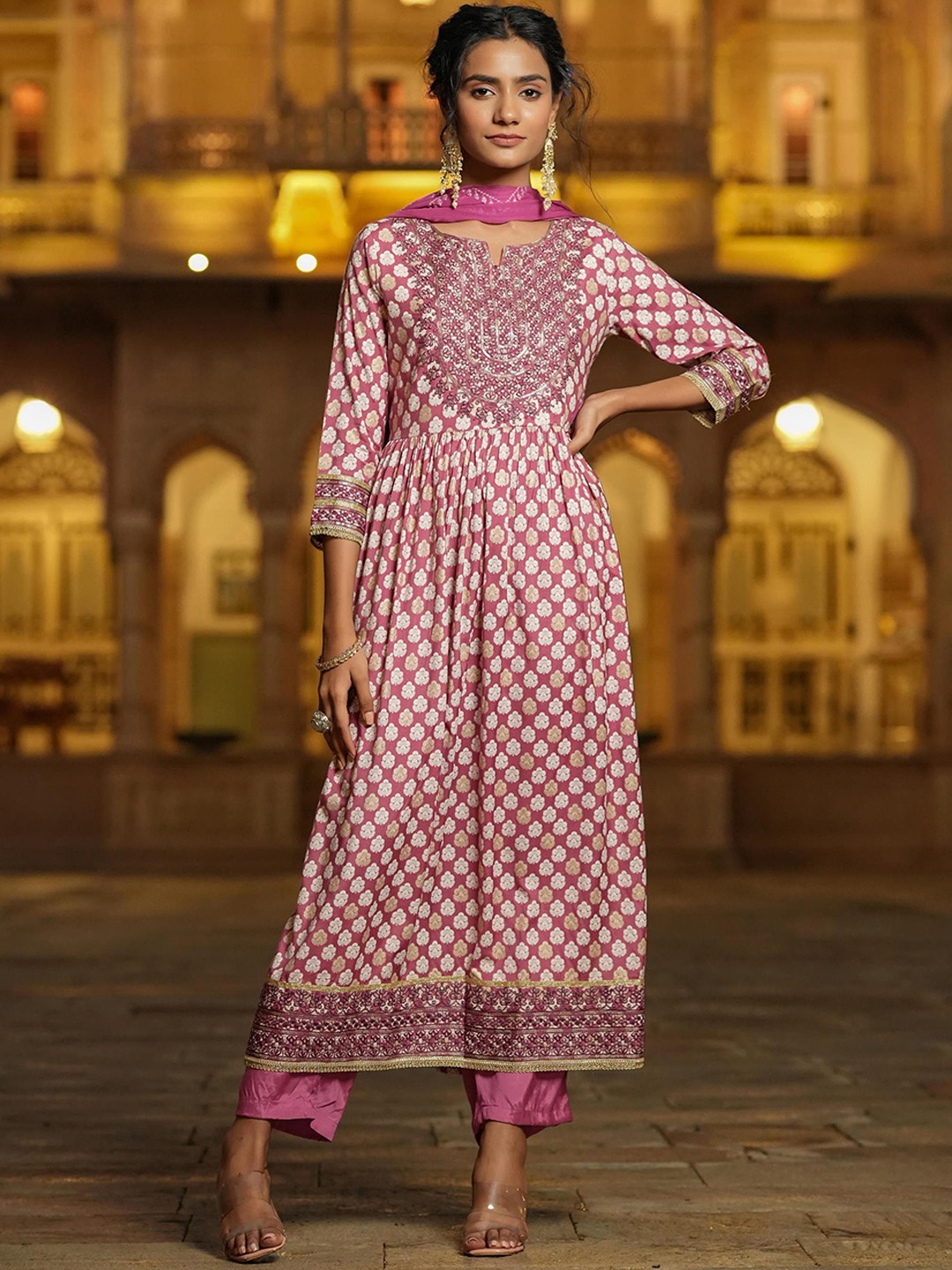 

SCAKHI Ethnic Motifs Printed Thread Work Anarkali Kurta with Trousers & Dupatta, Mauve