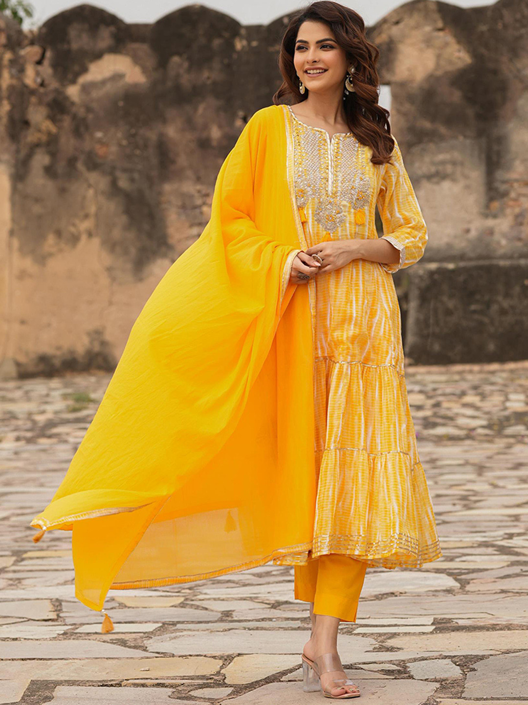 

SCAKHI Shibori Yoke Design Gotta Patti Tiered Pure Cotton Kurta with Trousers & Dupatta, Mustard