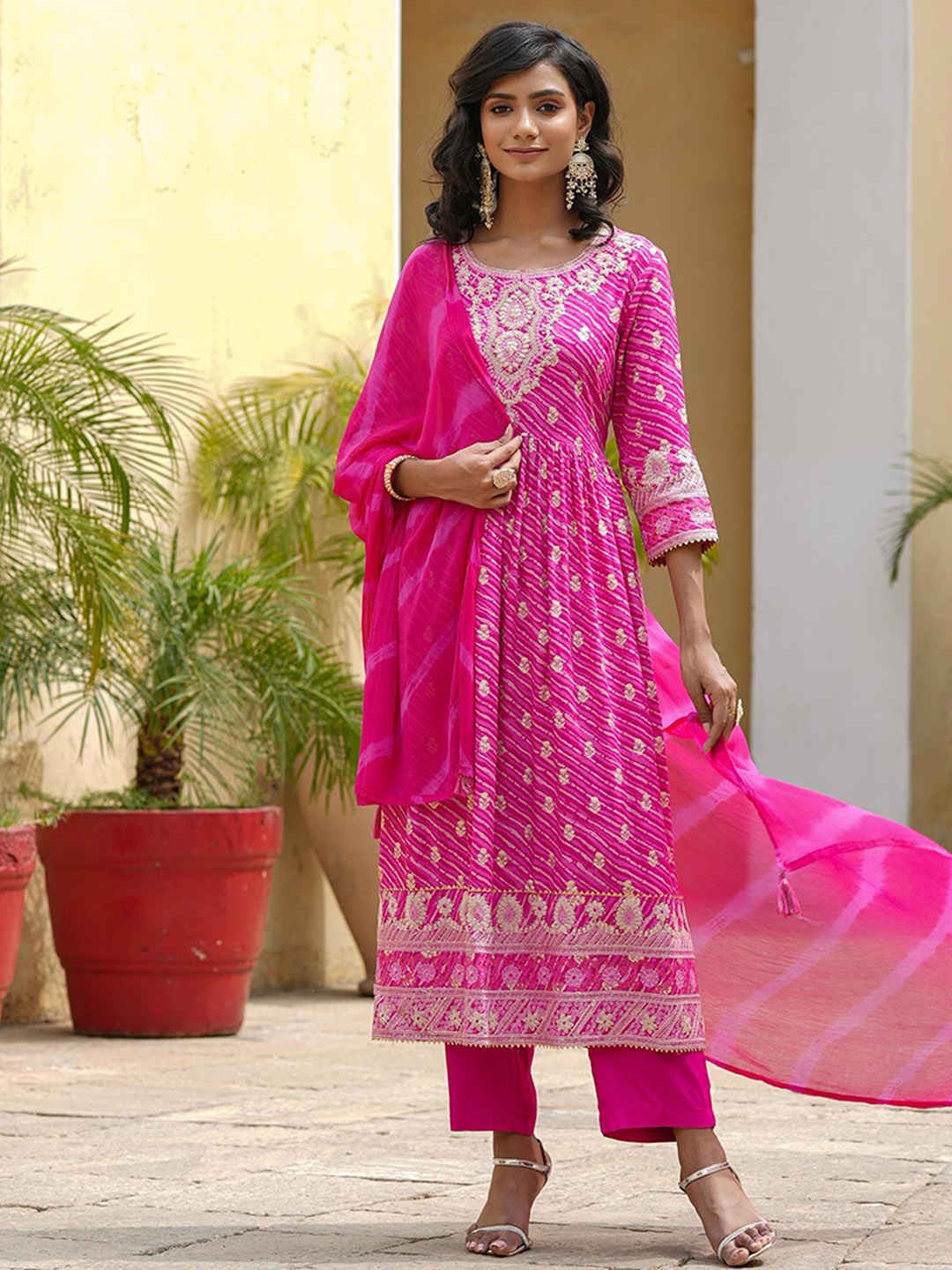 

SCAKHI Ethnic Motif Embroidered A-line Kurta With Trousers & Dupatta, Pink