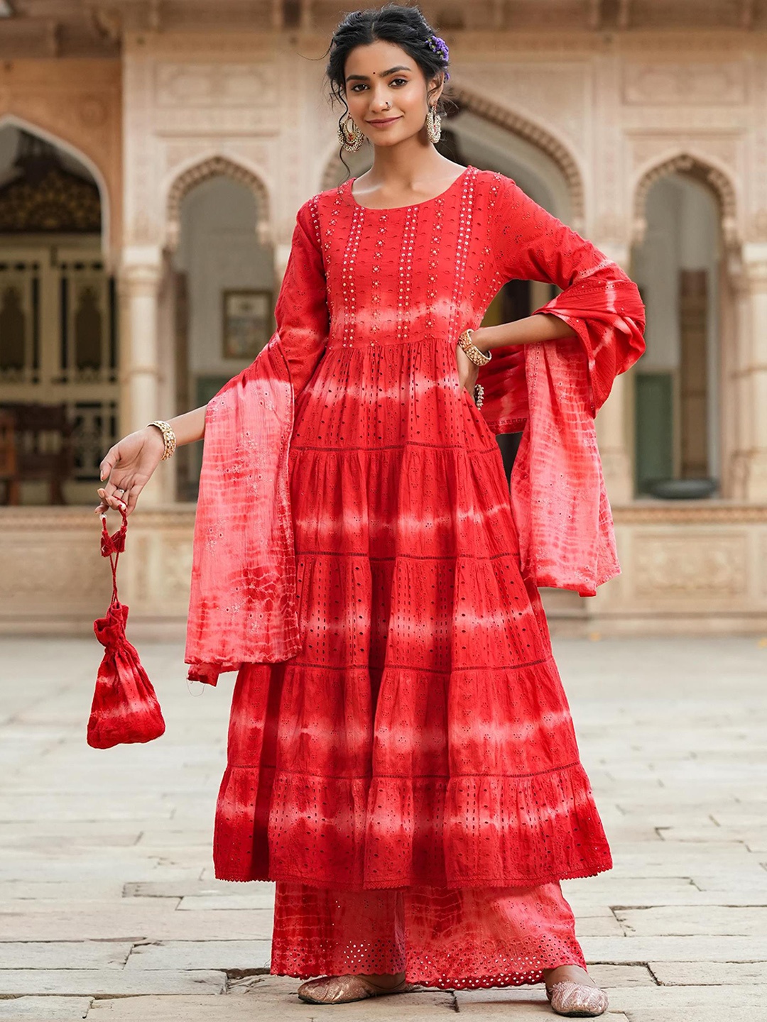 

SCAKHI Ombre Dyed Tiered Sequinned Pure Cotton Anarkali Kurta With Palazzos & Dupatta, Red