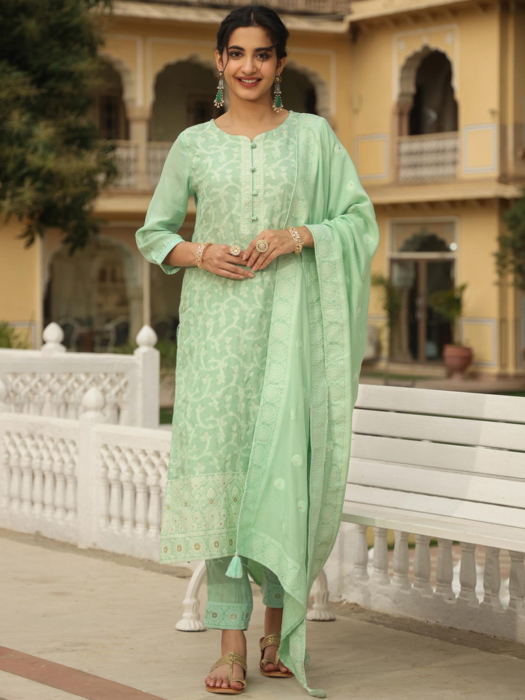 

SCAKHI Ethnic Motifs Woven Design Kurta With Trousers & Dupatta, Sea green