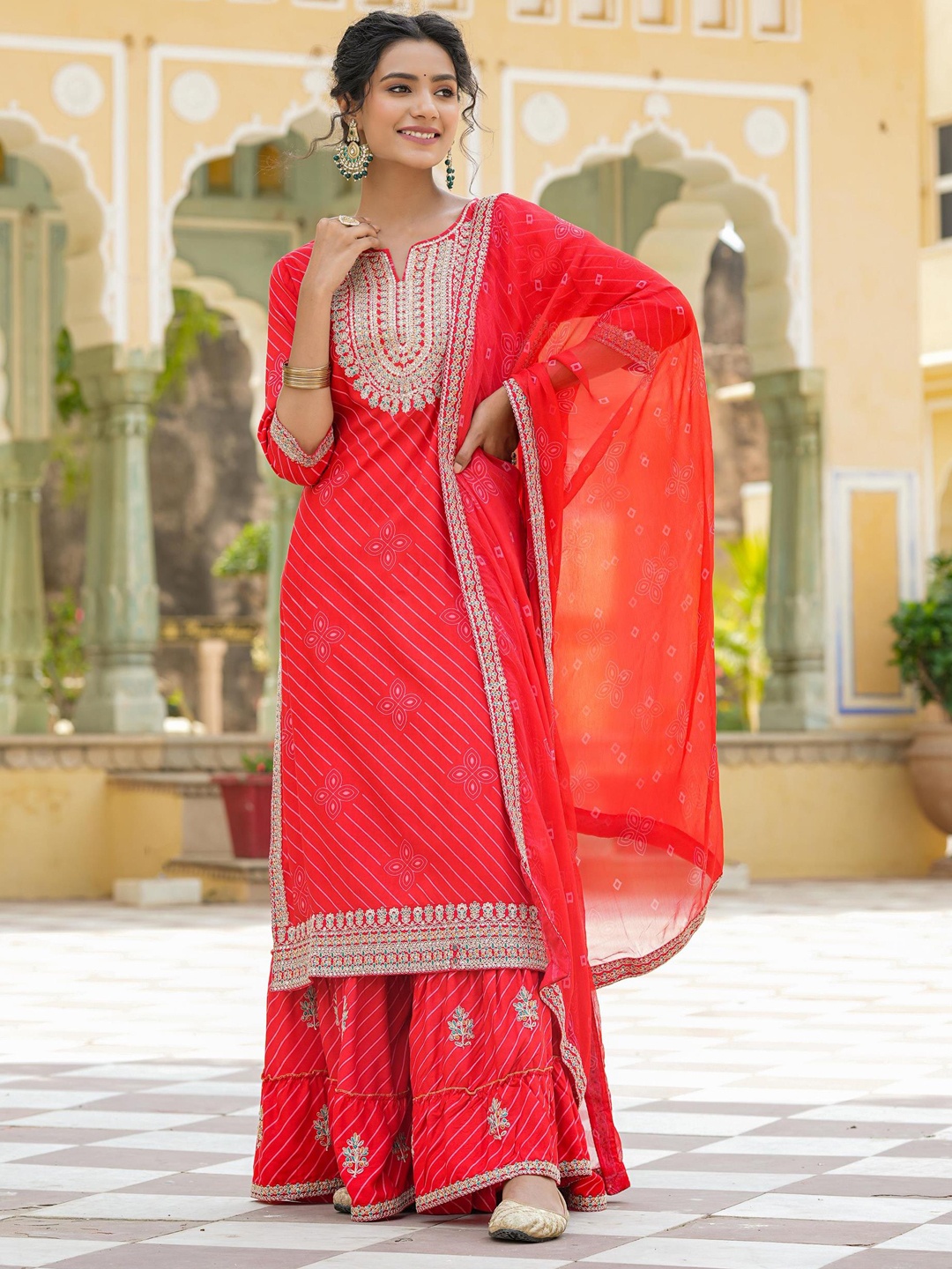 

SCAKHI Striped Thread Work Kurta with Sharara & Dupatta, Red
