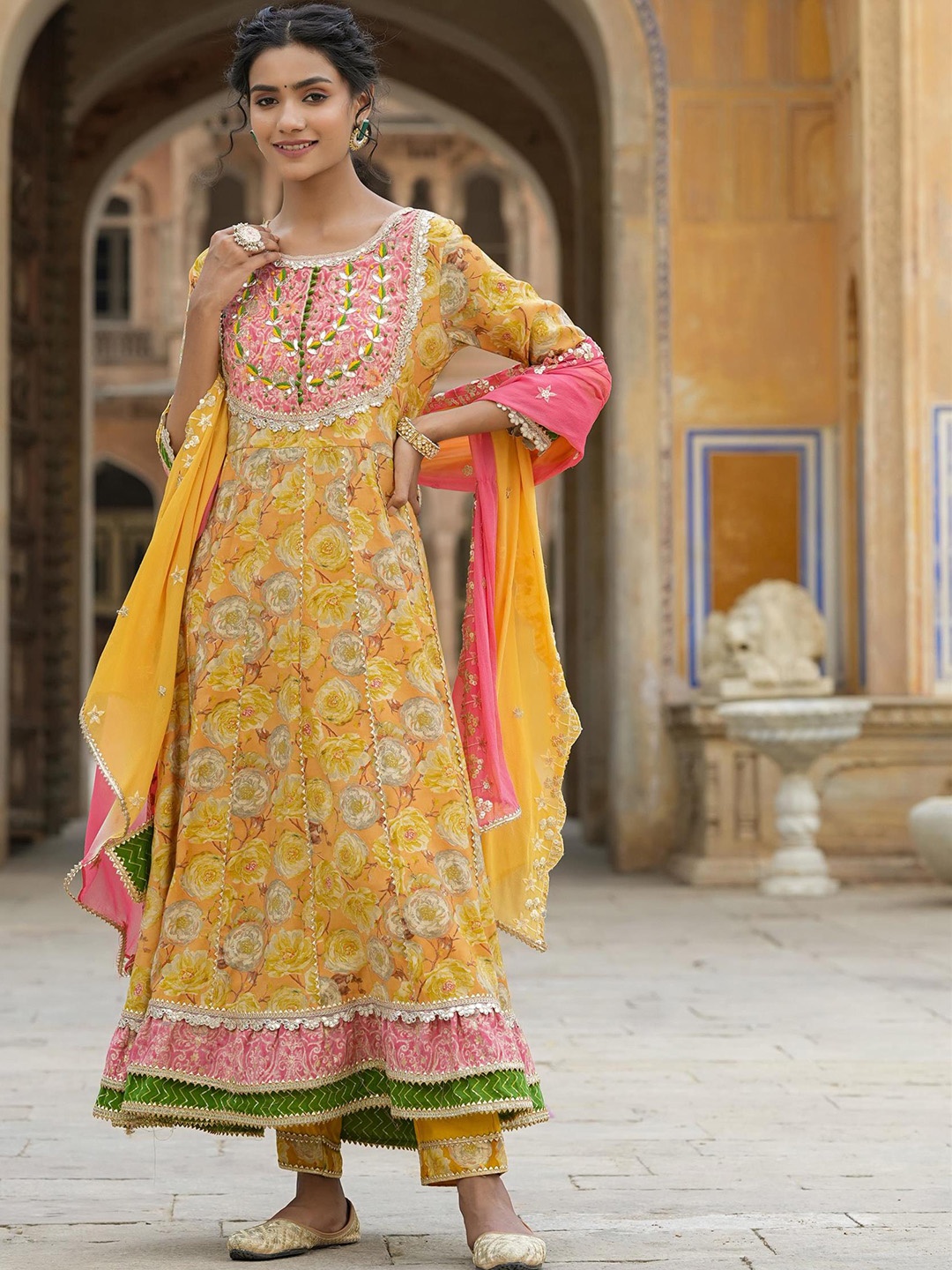 

SCAKHI Floral Printed Gotta Patti Anarkali Kurta with Trousers & Dupatta, Mustard