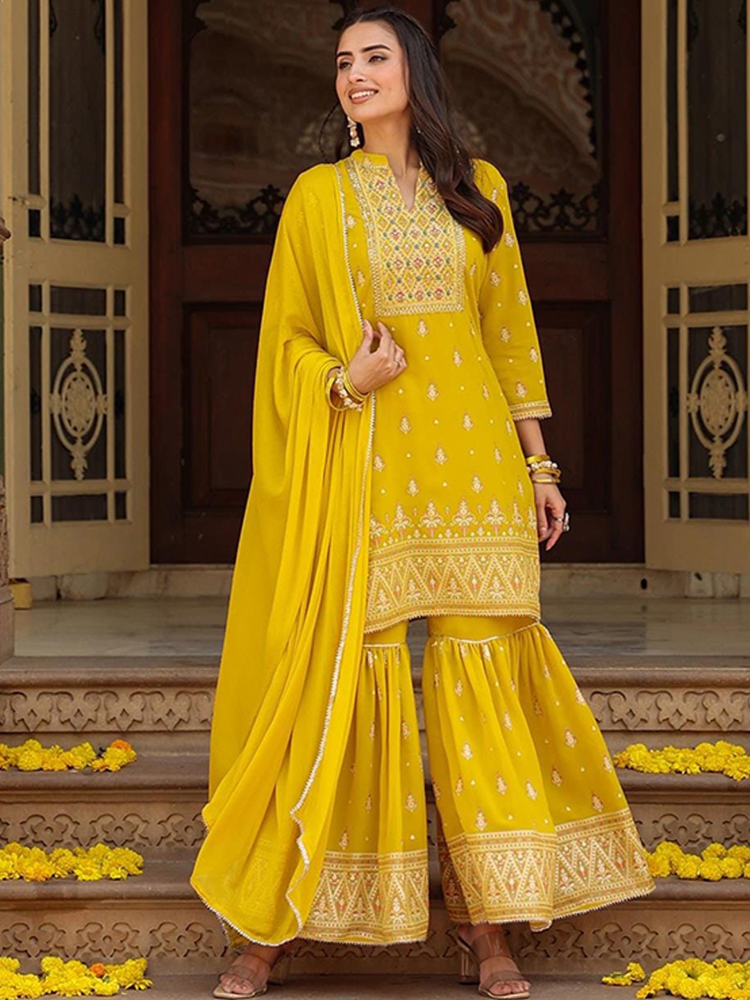 

SCAKHI Floral Printed Gotta Patti Kurti with Sharara & Dupatta, Mustard