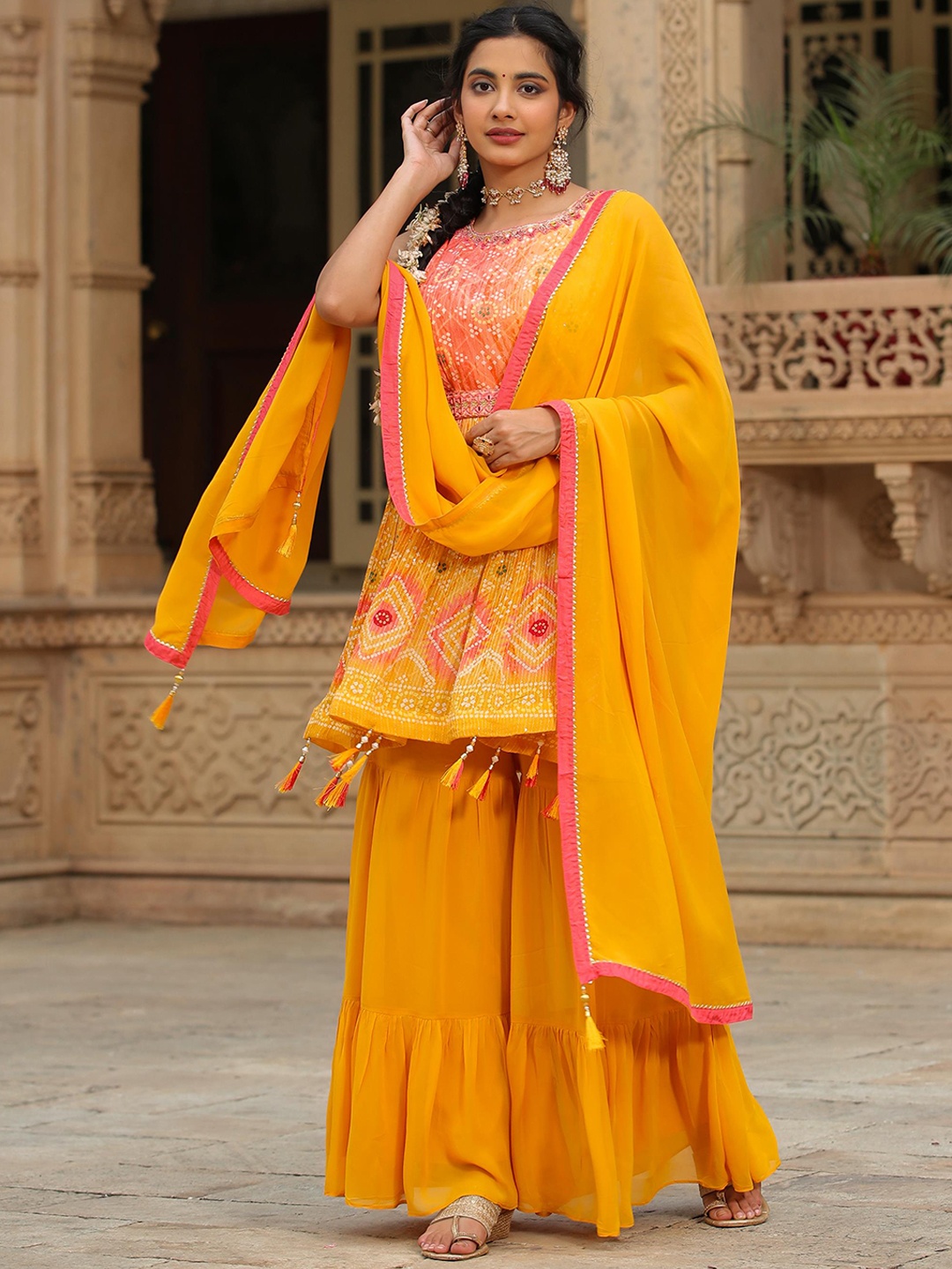 

SCAKHI Bandhani Printed Empire Sequinned Kurti With Sharara & Dupatta, Yellow