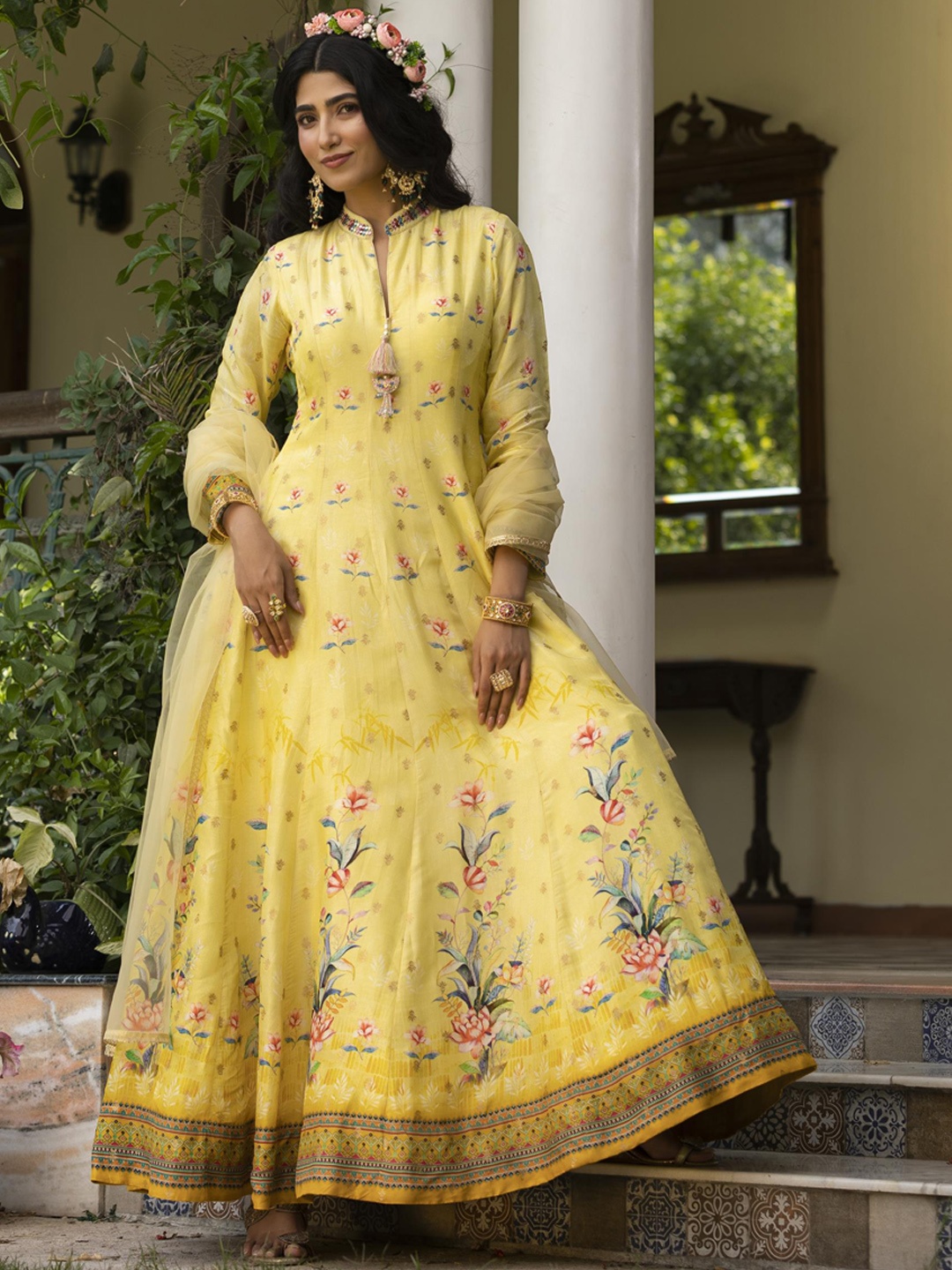 

SCAKHI Floral Printed Anarkali Embroidered Ethnic Gown With Dupatta, Yellow