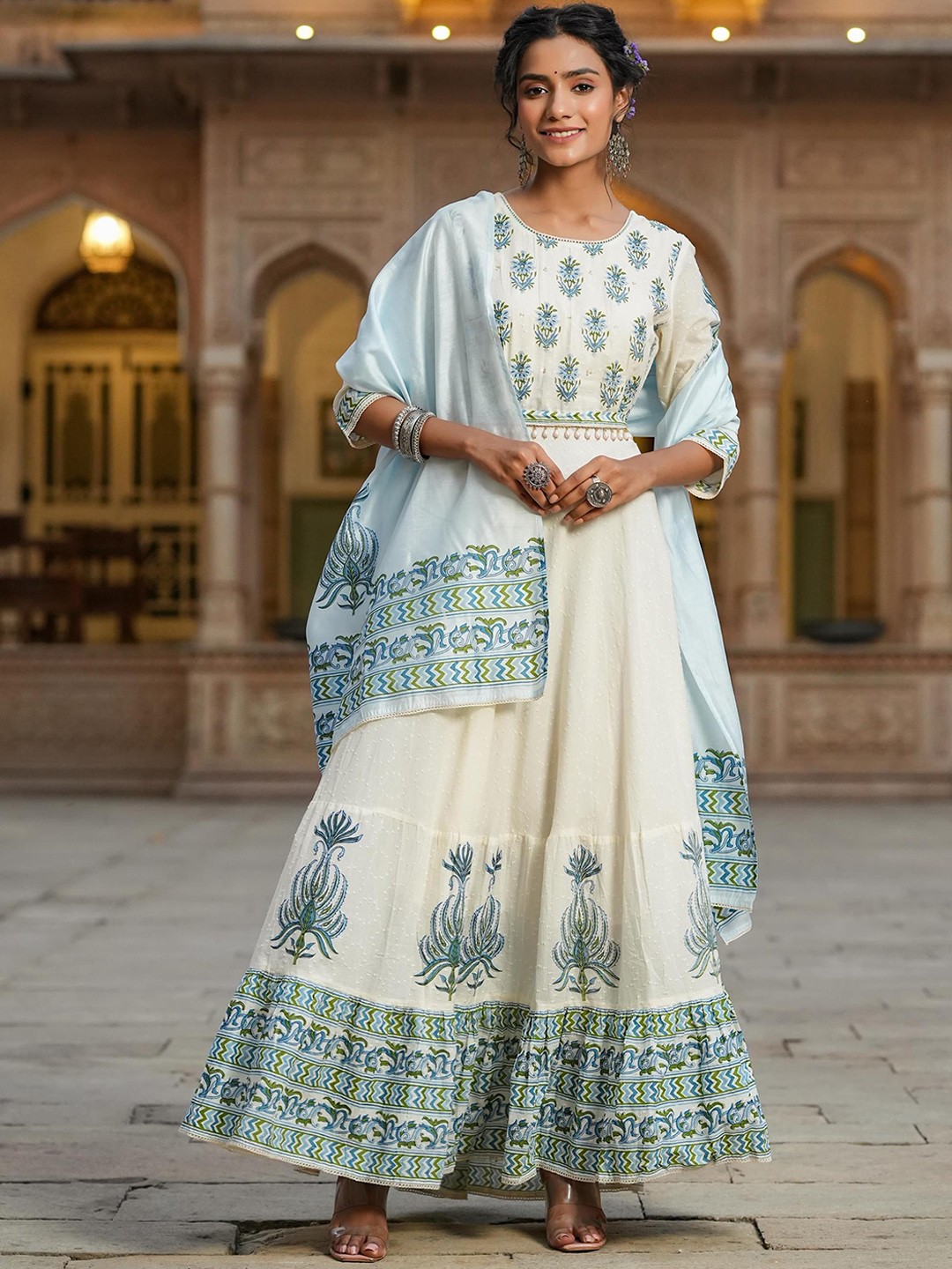 

SCAKHI Floral Print Cotton Dobby Flared Anarkali Dress With Dupatta & Belt, Off white