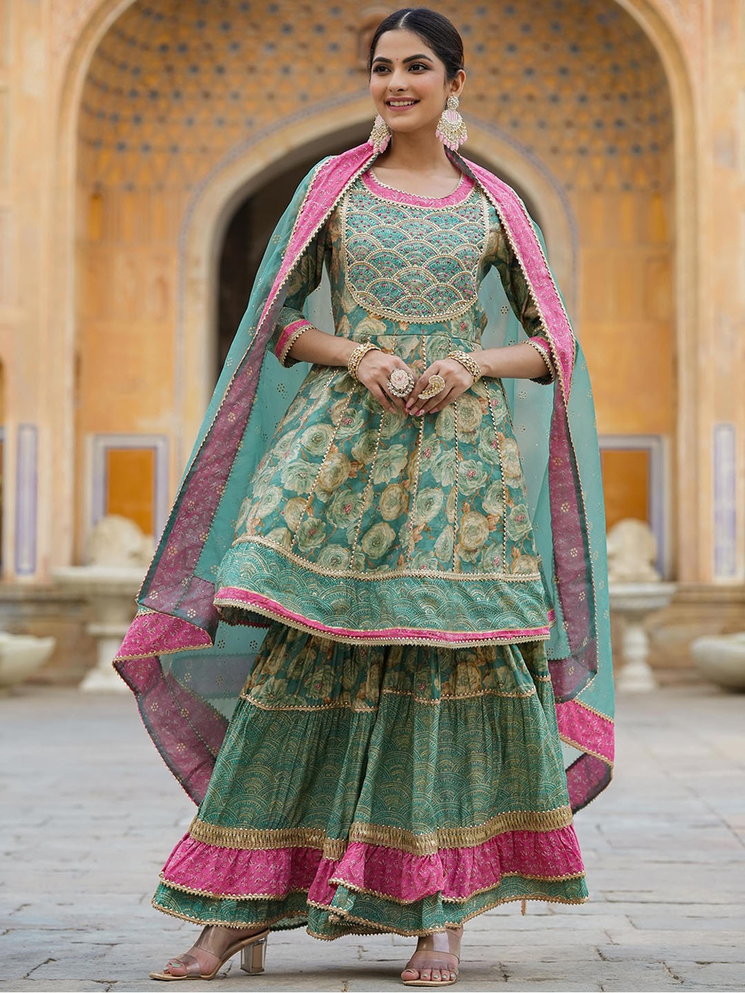 

SCAKHI Floral Printed Beads & Stones Anarkali Kurta With Sharara & Dupatta, Sea green