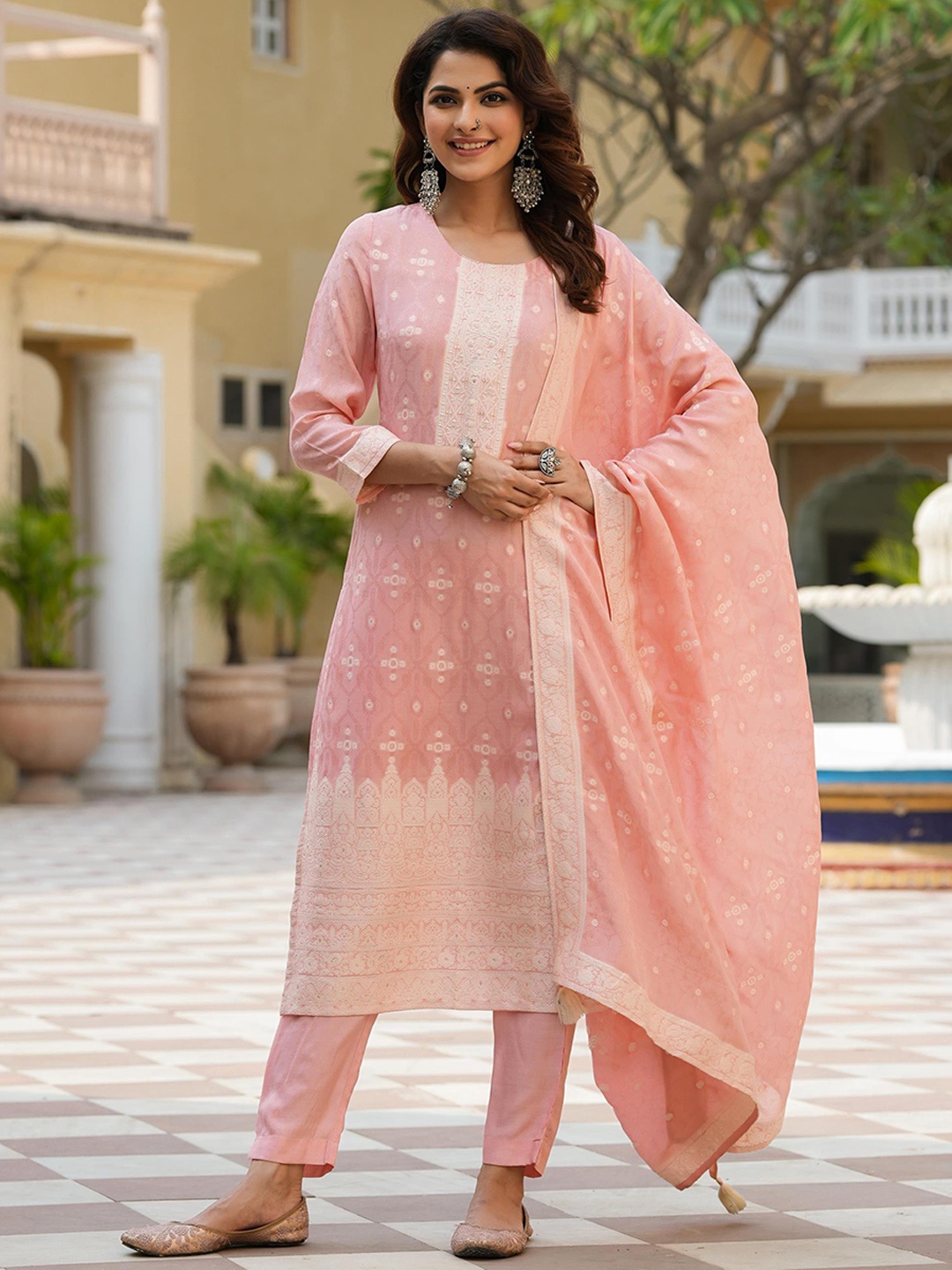 

SCAKHI Ethnic Motifs Woven Design Kurta With Trousers & Dupatta, Peach