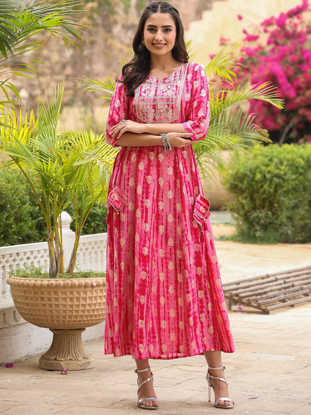 

SCAKHI Shibori Dyed Sequined Thread Work A-Line Ethnic Dress, Pink