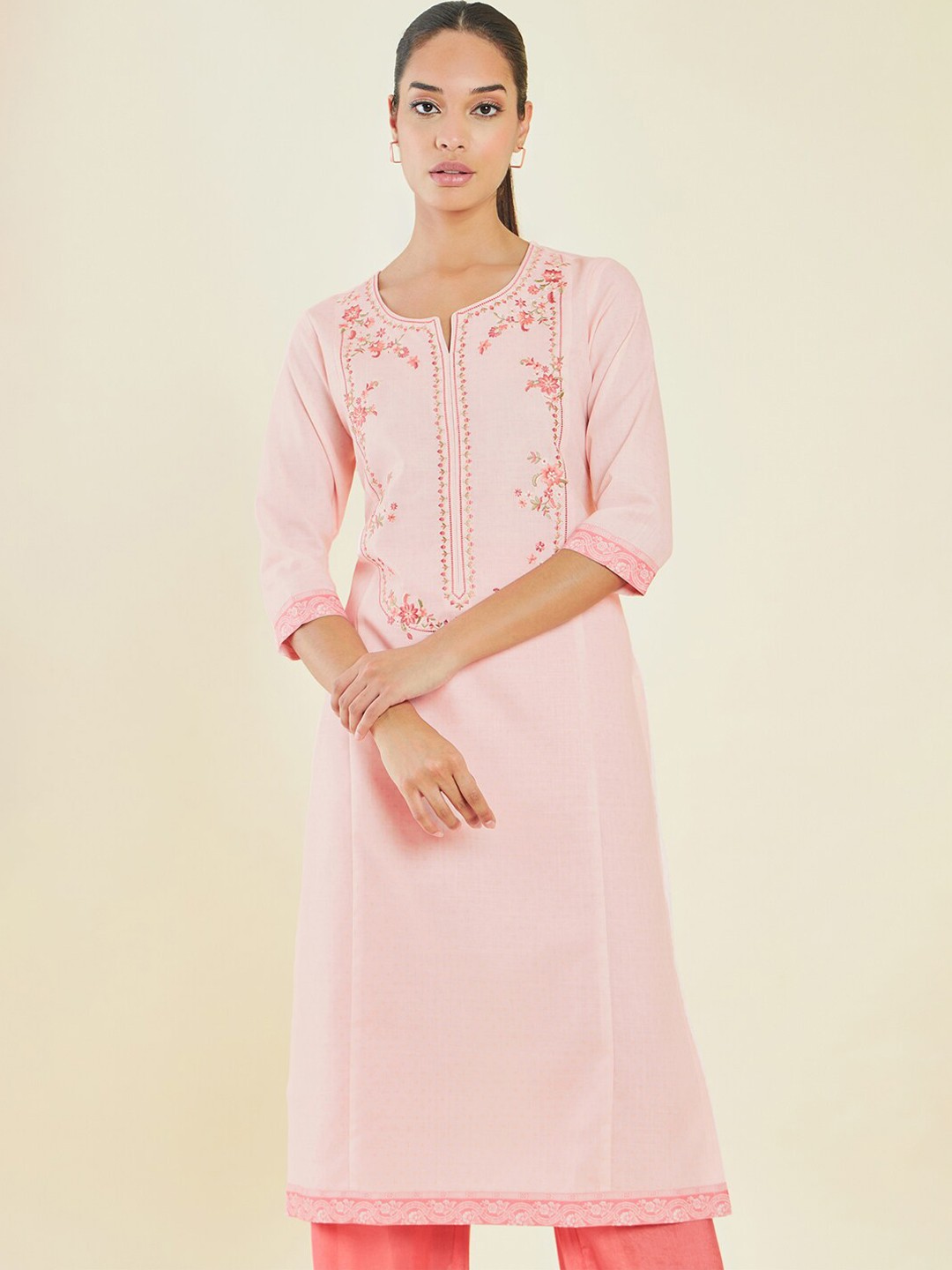 

Soch Floral Embroidered Thread Work Kurta, Peach