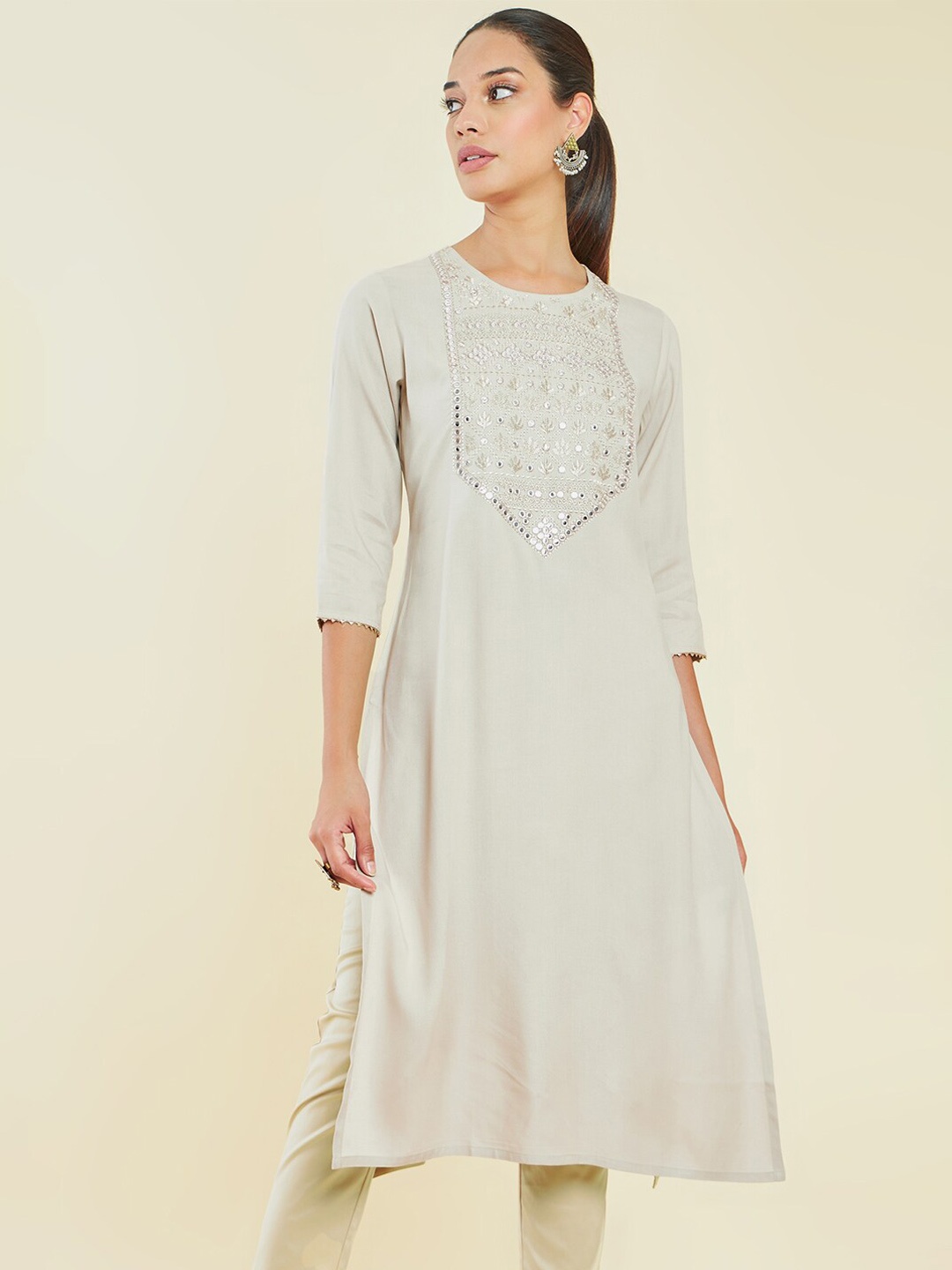 

Soch Ethnic Motifs Embroidered Mirror Work Kurta, Beige