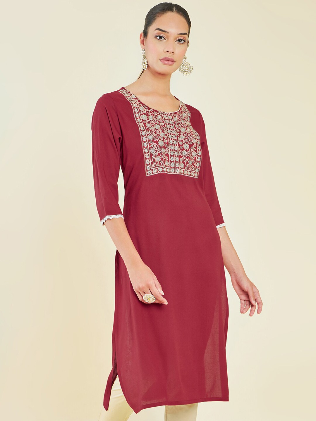 

Soch Ethnic Motifs Embroidered Mirror Work Kurta, Maroon
