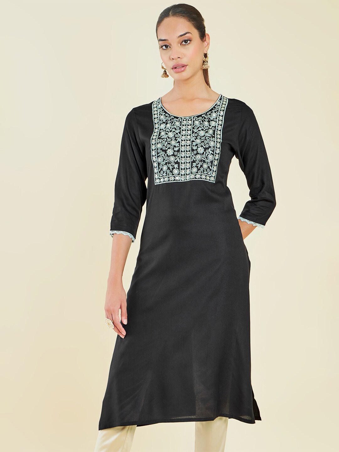 

Soch Ethnic Motifs Embroidered Mirror Work Kurta, Black