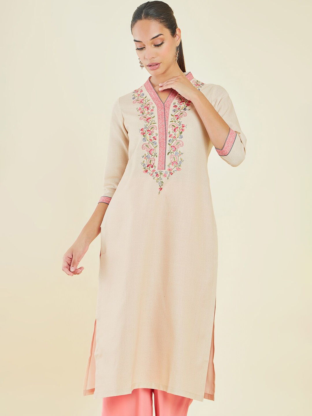 

Soch V-Neck Floral Embroidered Straight Kurta, Beige