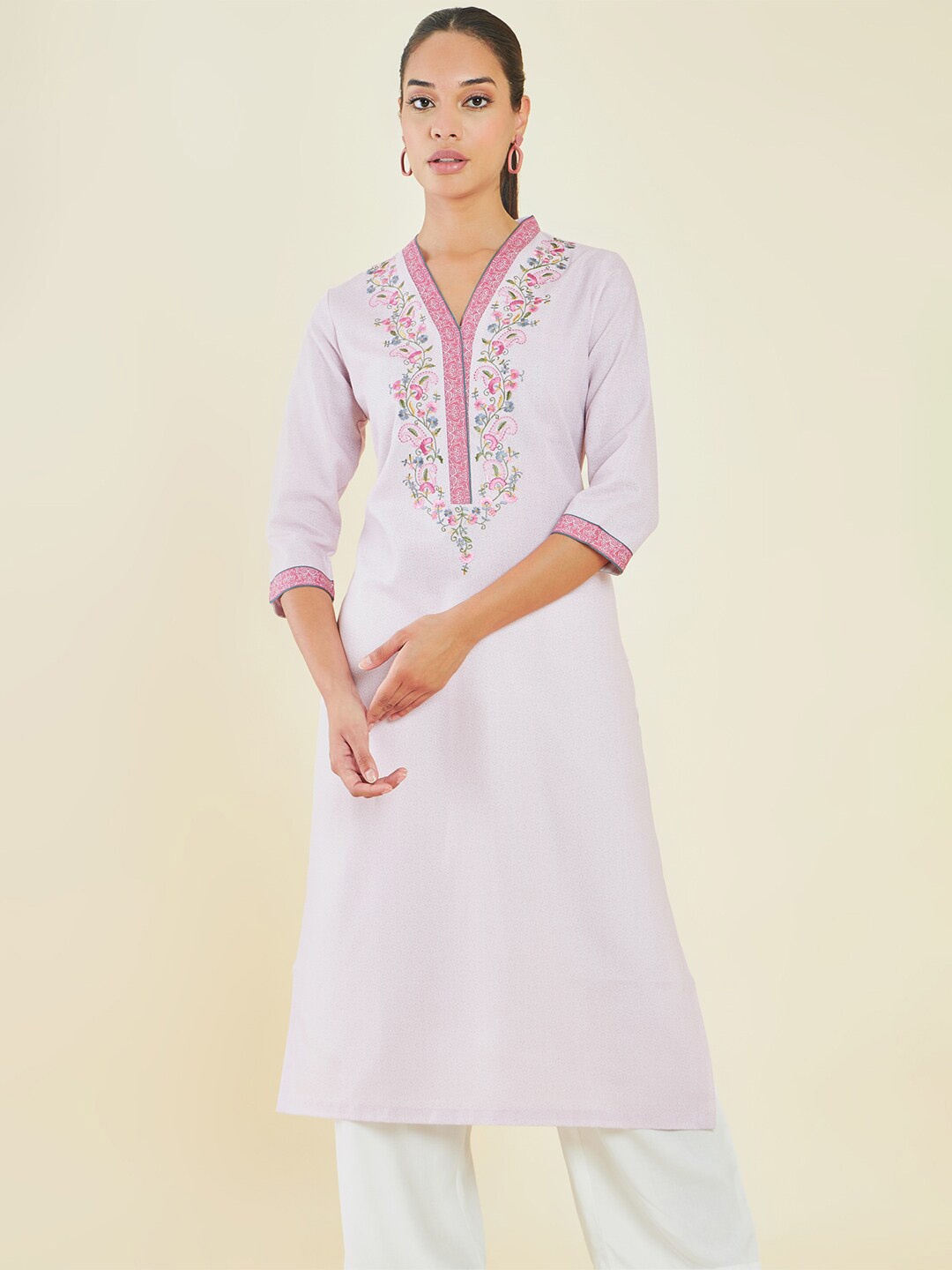 

Soch Pink & Green V-Neck Floral Embroidered Straight Kurta