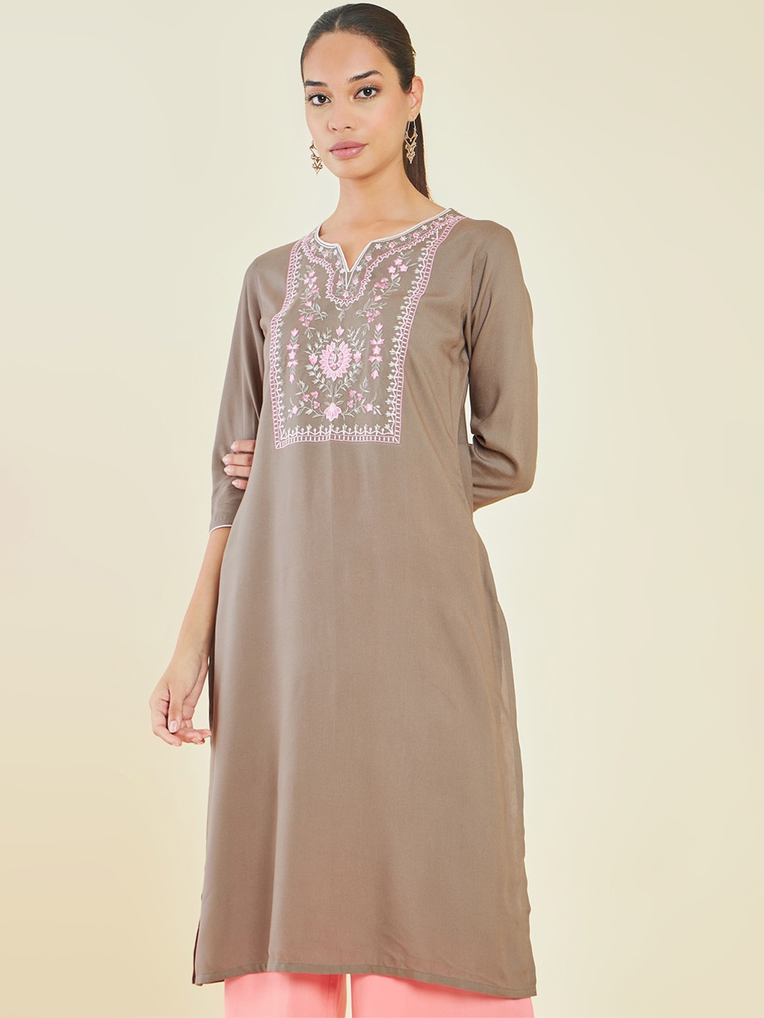 

Soch Beige & Pink Notched Neck Floral Embroidered Straight Kurta