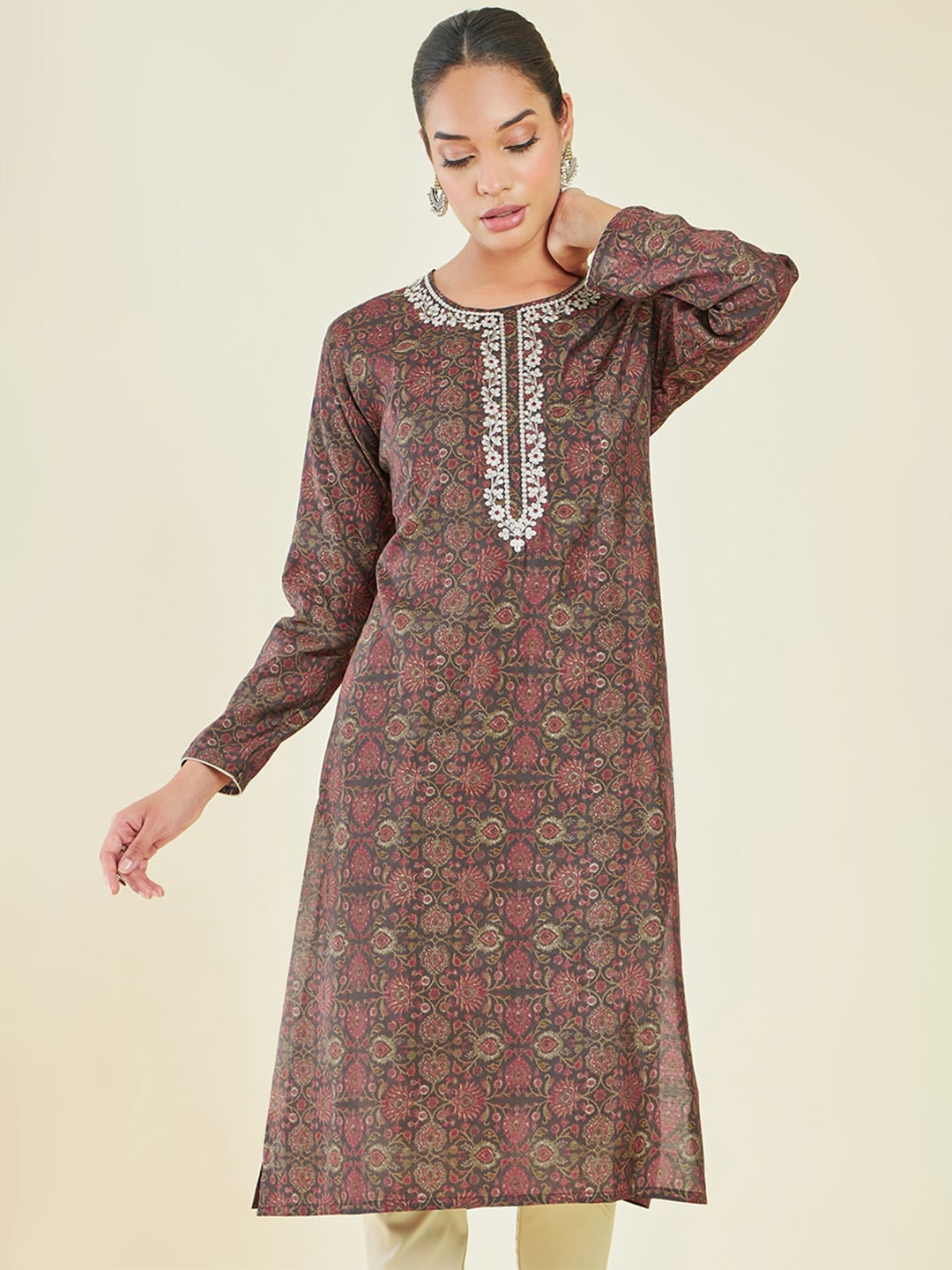 

Soch Ethnic Motifs Printed Thread Work Kurta, Brown