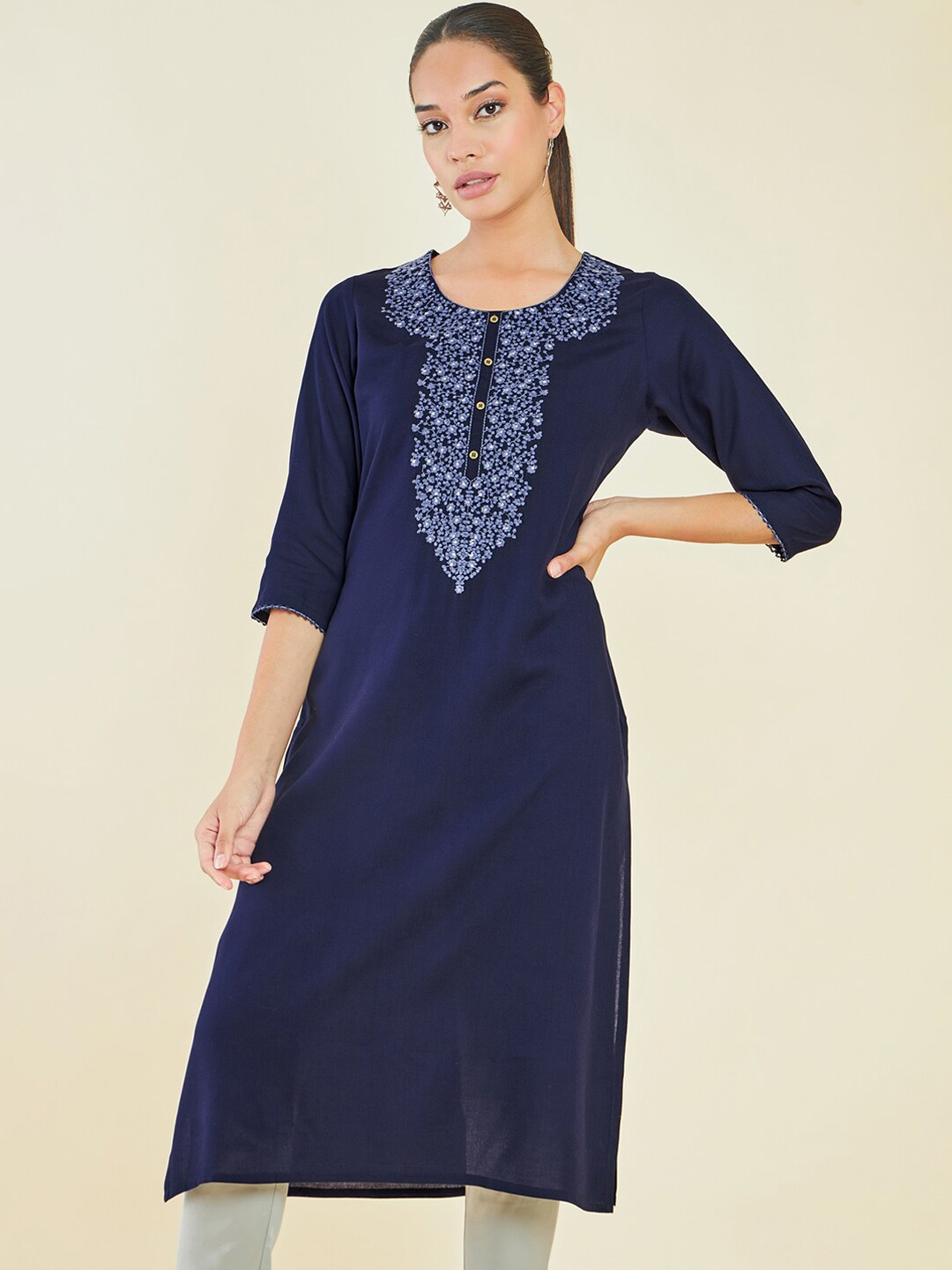 

Soch Navy Blue Floral Embroidered Straight Kurta