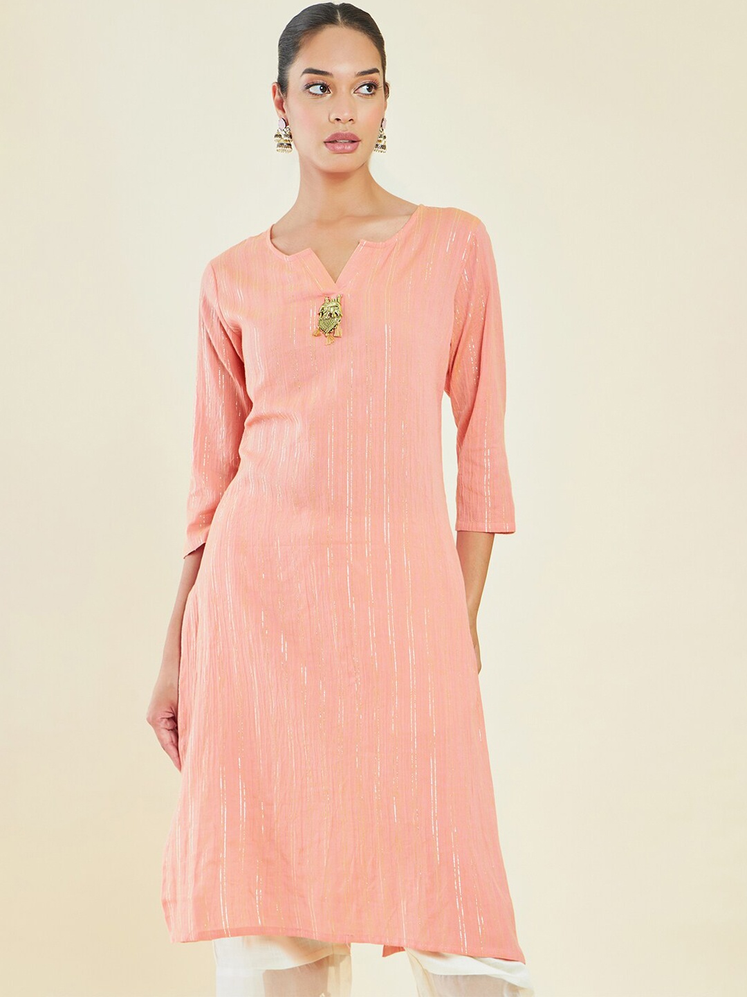 

Soch Coral & Gold-toned Notched Neck Striped Straight Cotton Kurta
