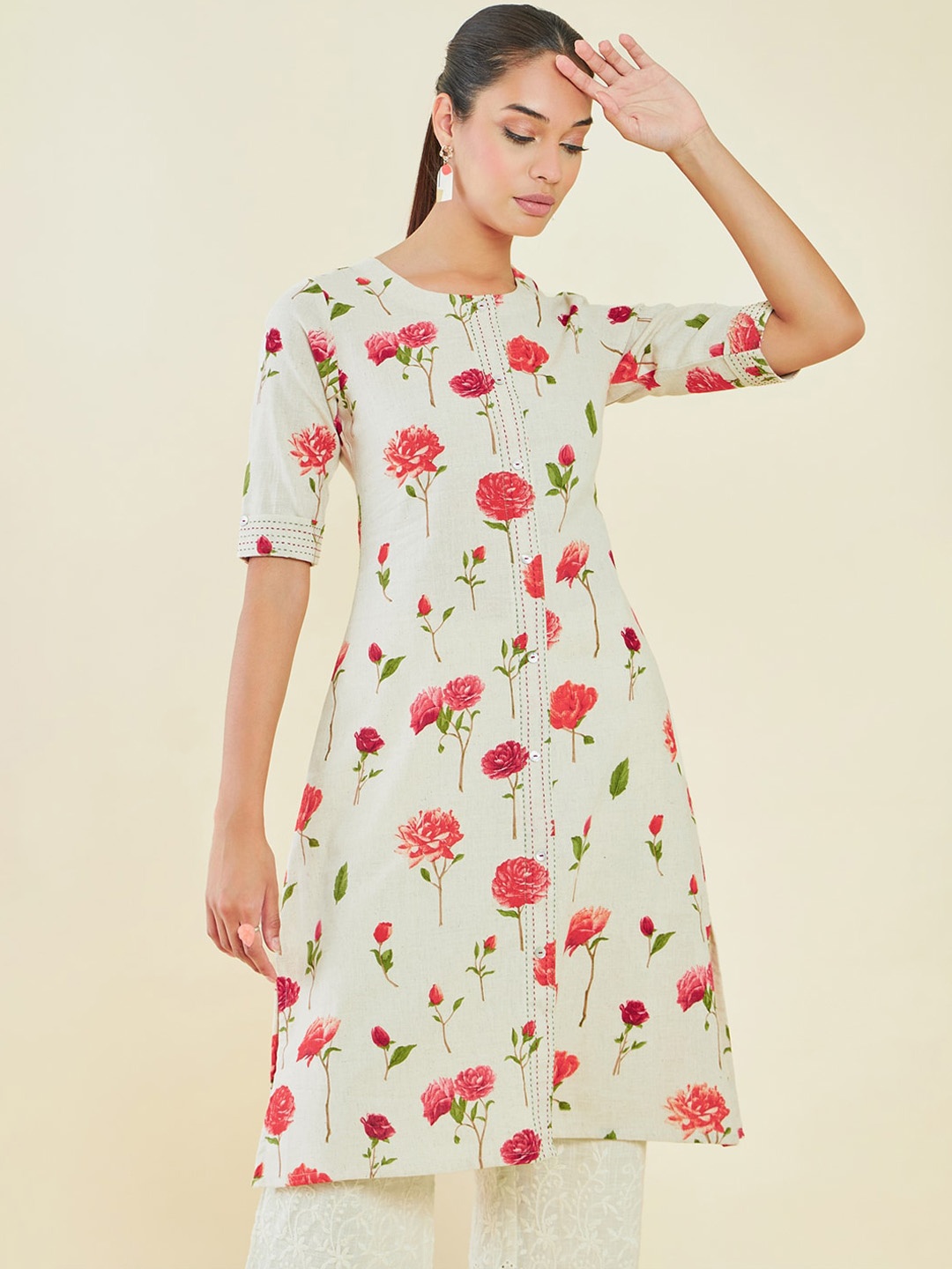 

Soch Floral Printed Pure Cotton A-Line Kurta, Off white