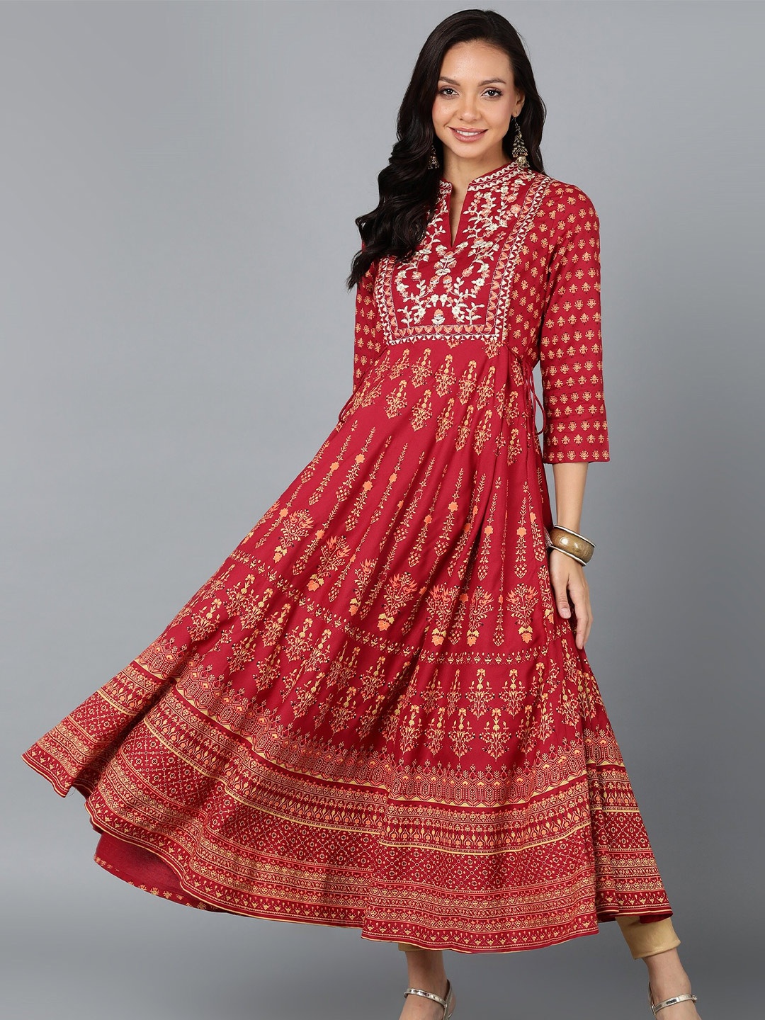 

KALINI Ethnic Motifs Printed Thread Work Anarkali Kurta, Red