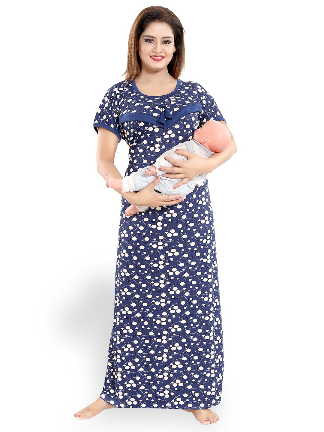 

SHOPPING STATION Polka Dots Printed Satin Maternity Maxi Nightdress, Blue