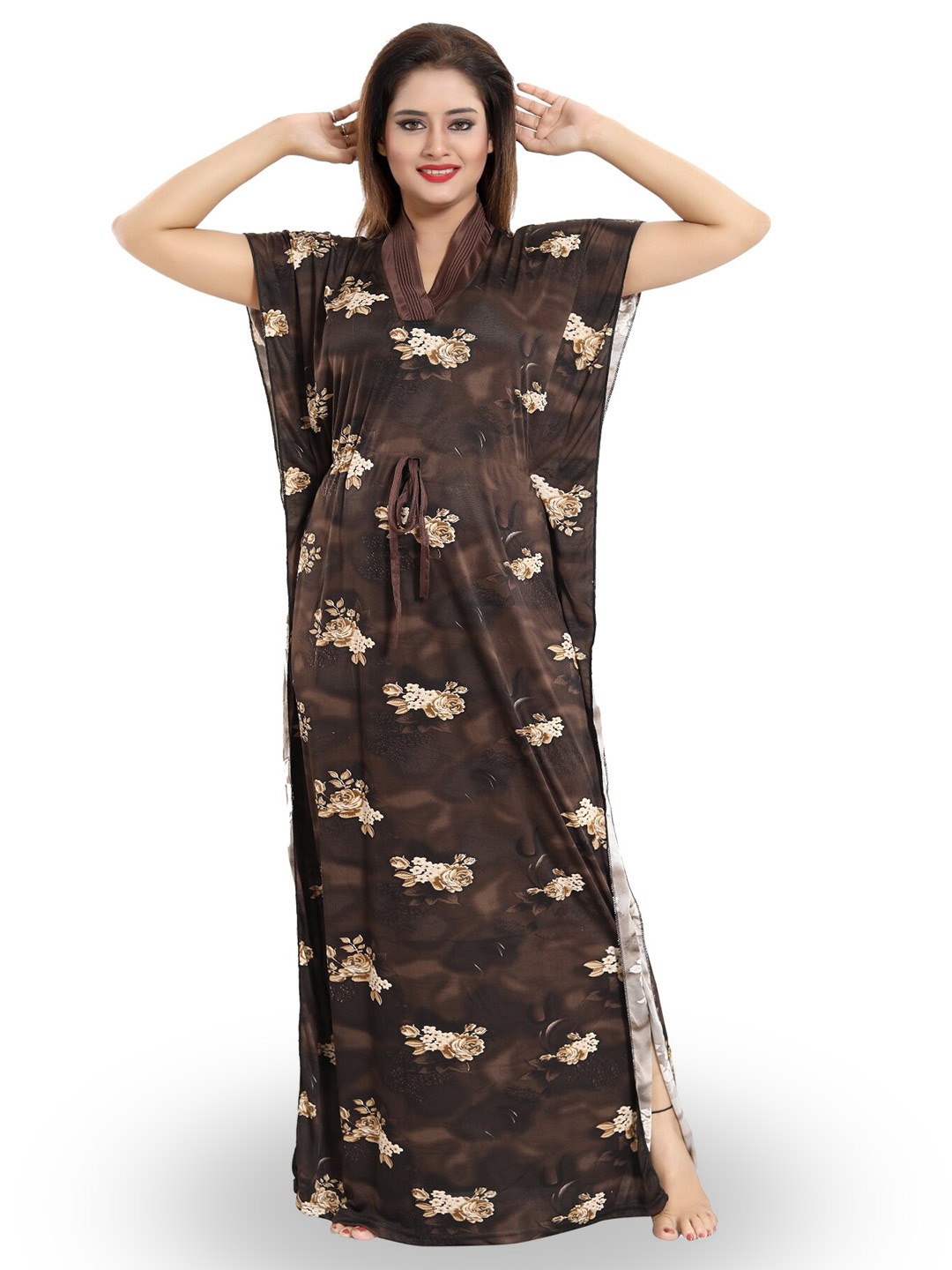 

SHOPPING STATION Floral Printed Satin Kaftan Maxi Nightdress, Brown