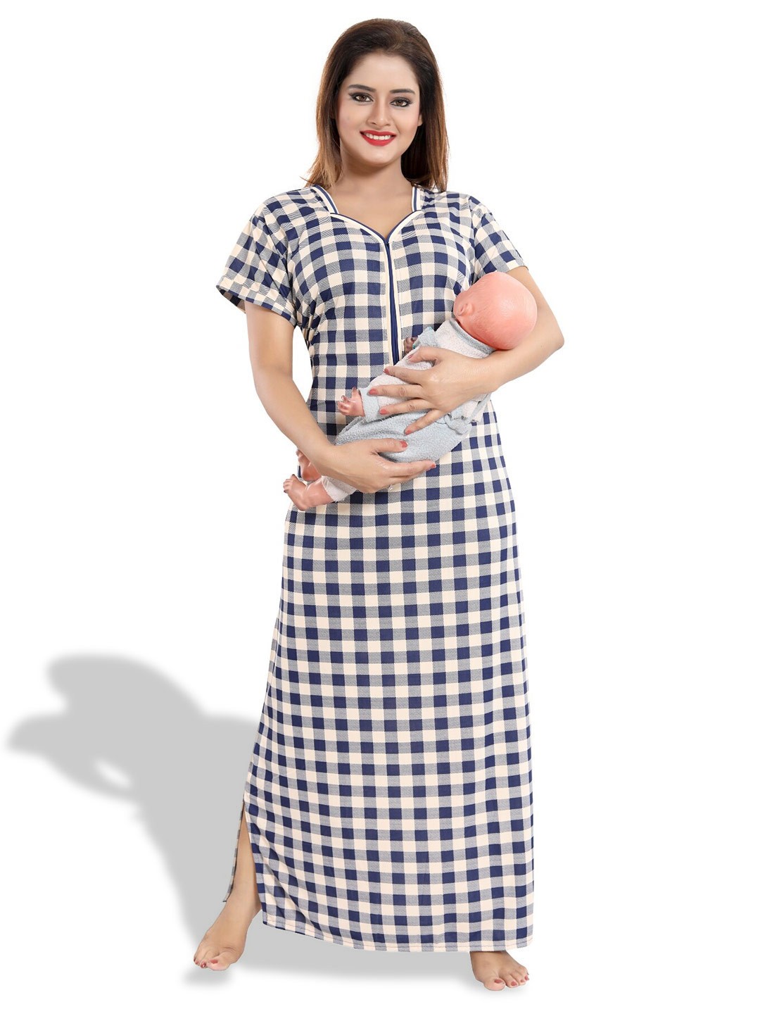 

SHOPPING STATION Checked Satin Maternity Maxi Nightdress, Blue