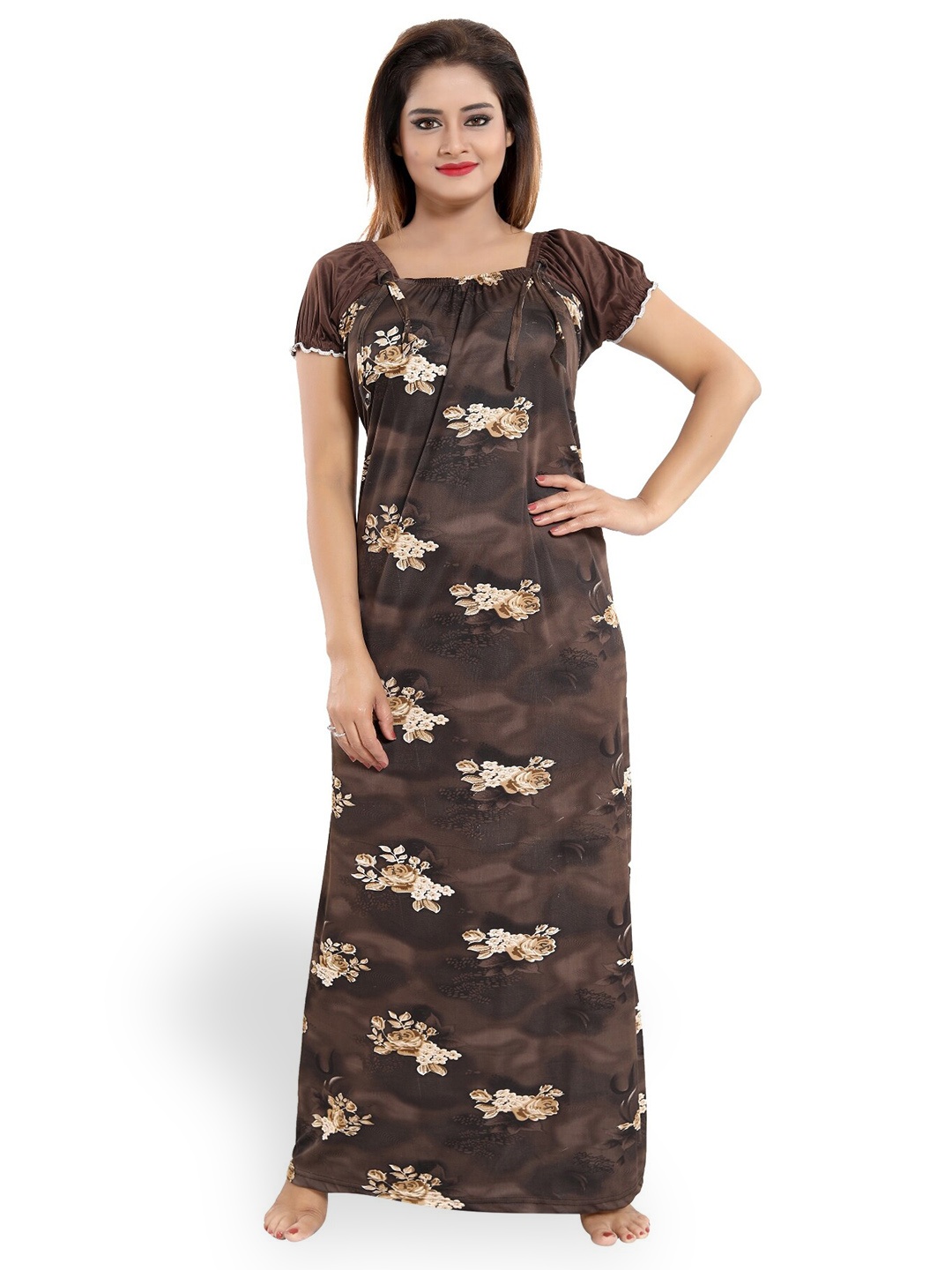 

SHOPPING STATION Floral Printed Satin Maxi Nightdress, Brown