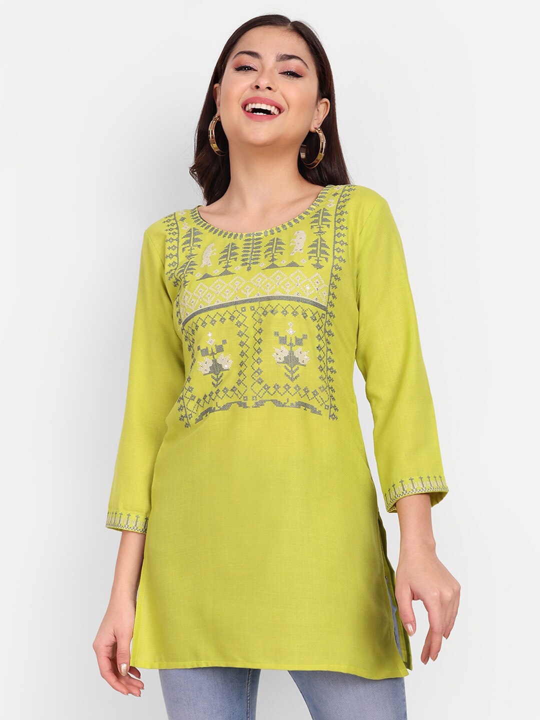 

Hinayat Fashion Embroidered Cotton Tunic, Lime green