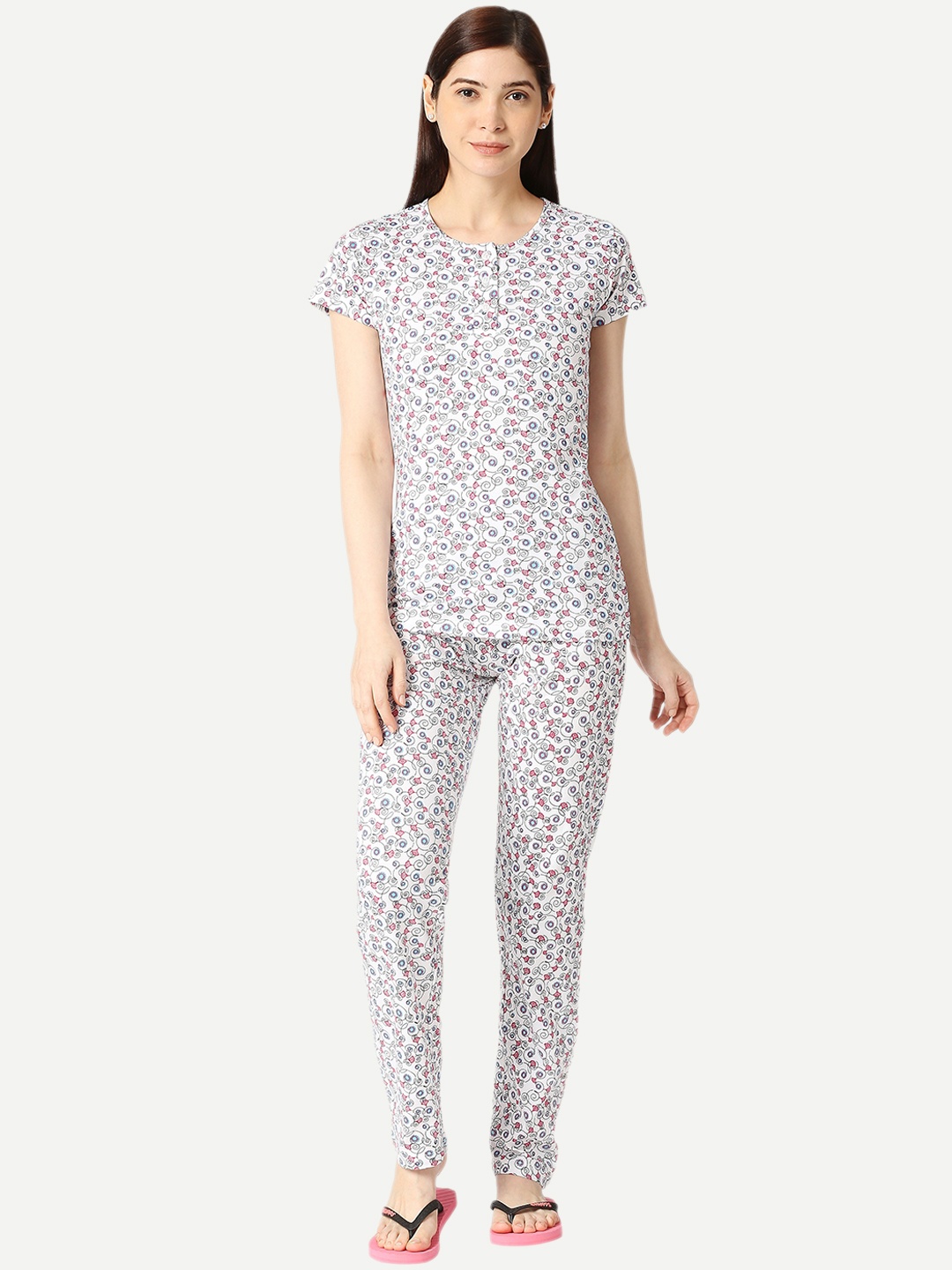 

zebu Ethnic Motifs Printed Pure Cotton Night Suit, White