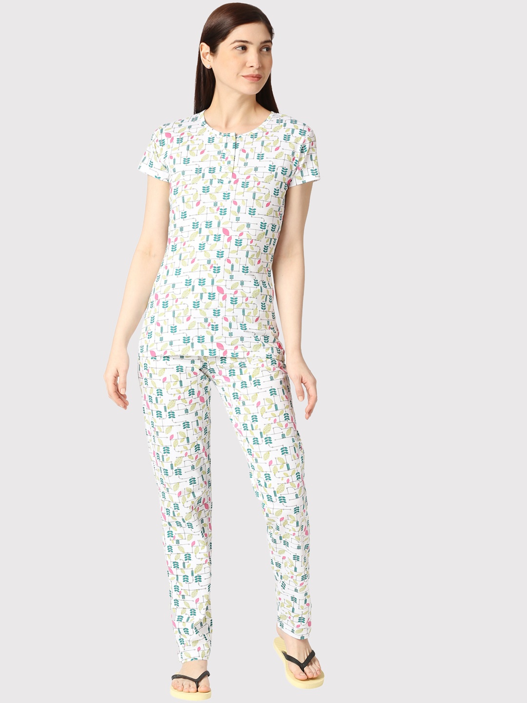 

zebu Floral Printed Pure Cotton Night Suit, Sea green