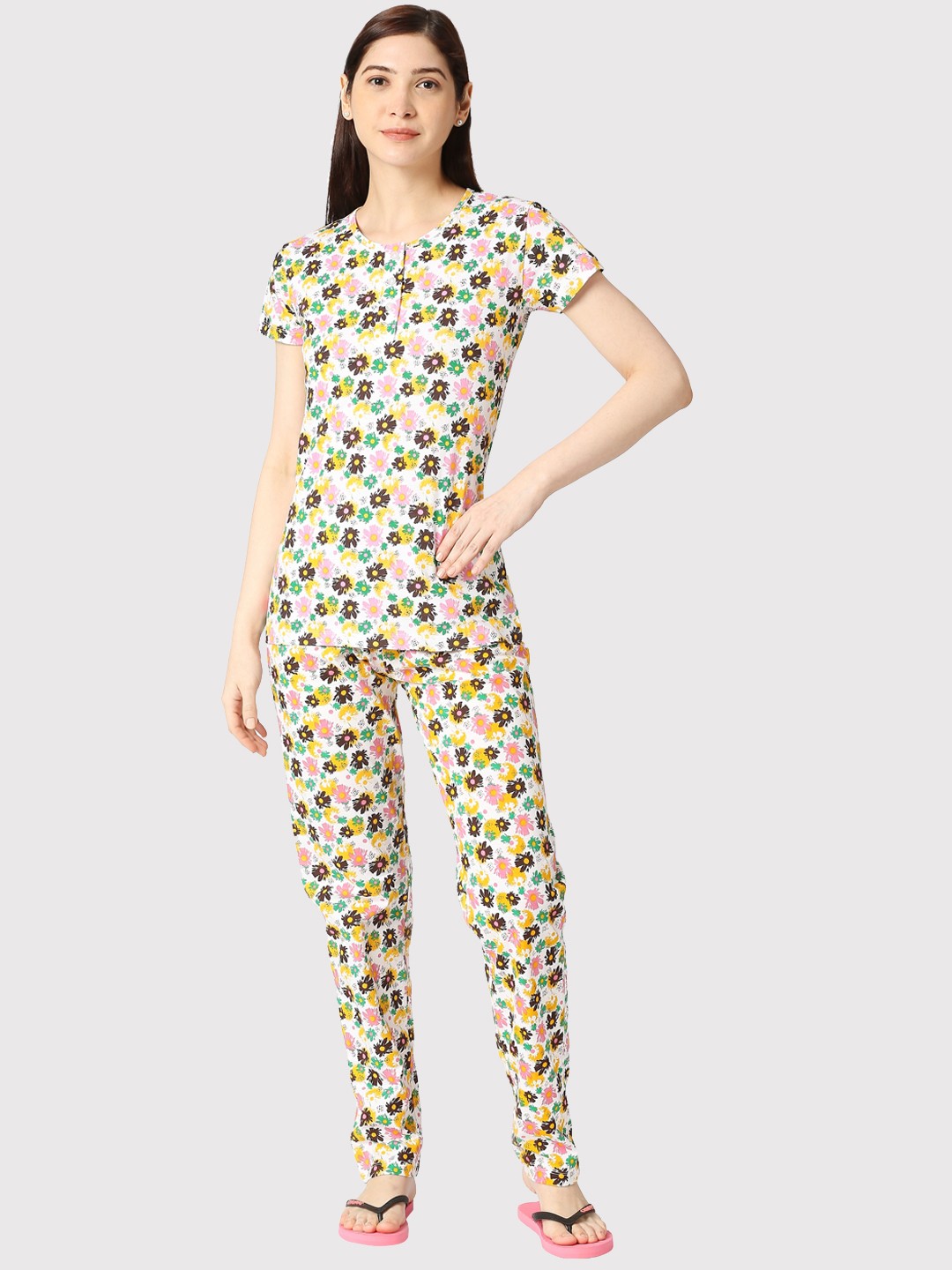 

zebu Floral Printed Pure Cotton Night Suit, Brown