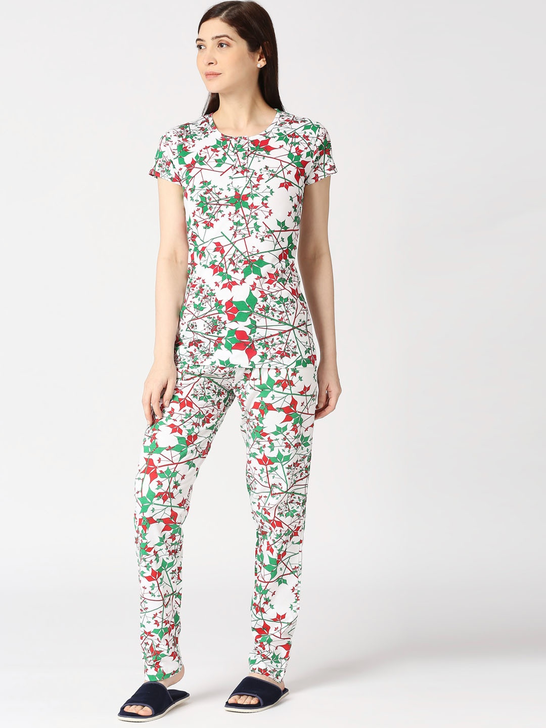 

zebu Floral Printed Pure Cotton Night Suit, Fluorescent green
