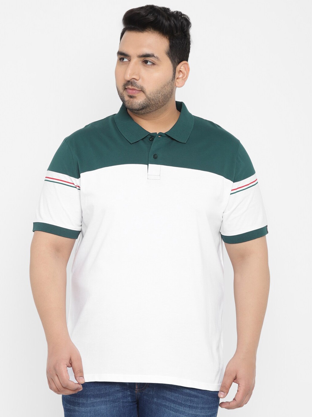 

Urbano Plus Plus Size Colourblocked Polo Collar Pure Cotton T-shirt, White